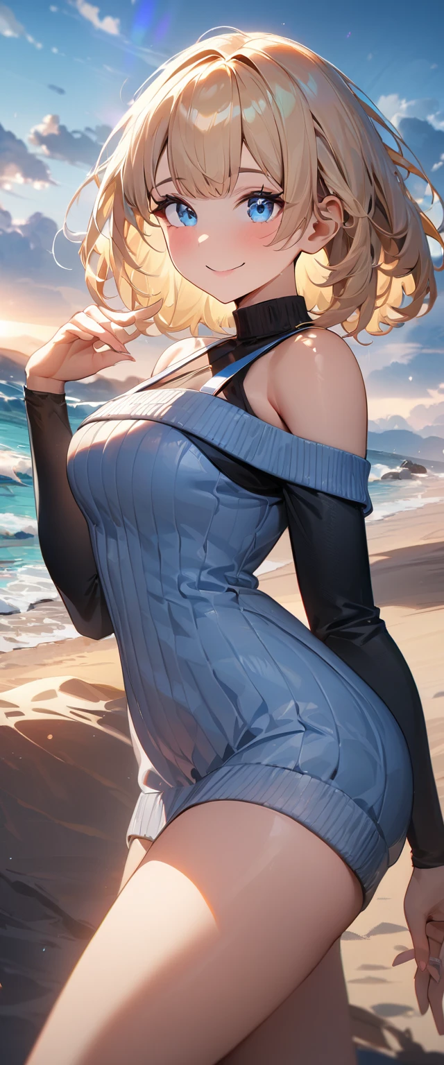 (((One girl))), ((beach)), noon, blond hair, bob cut, breasts, from front, (cowboy shot), standard body, (looking at viewer), ((off-shoulder {black} knit sweater, Quite thick shoulder straps)), ((juliet_sleeves)), ager, head tilt:1.3, (((blue eye))), ((happy smile)), anime style, (best quality, 4k, 8k, highres, masterpiece:1.2, ultra-detailed, ultra-detailed eyes, HDR, UHD, studio lighting, ultra-fine painting, sharp focus, physically-based rendering, extreme detail description, professional, vivid colors, bokeh), ((Highest quality, Best image quality, Ultra-high resolution, Ultra-high resolution, solo, Strong eye highlights)), Depth of written boundary, Natural soft light, attractive, Beautiful Face, Cleanliness, Pure Face, nedium chest, Beautiful Face, Perfect Fingers, Perfect hands, Perfect body, Perfect Face, Shine a light into your eyes, Perfect Anatomy