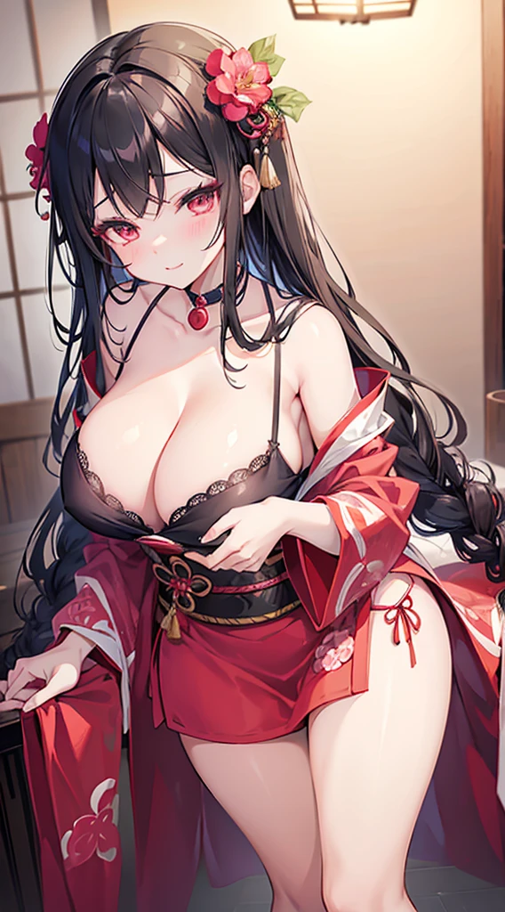 kamado nezuko, very very cute woman in a very short and revealing dress, huge cleavage, poking , revealing kimono, gag, sexy, seductive, sultry look, ahegao