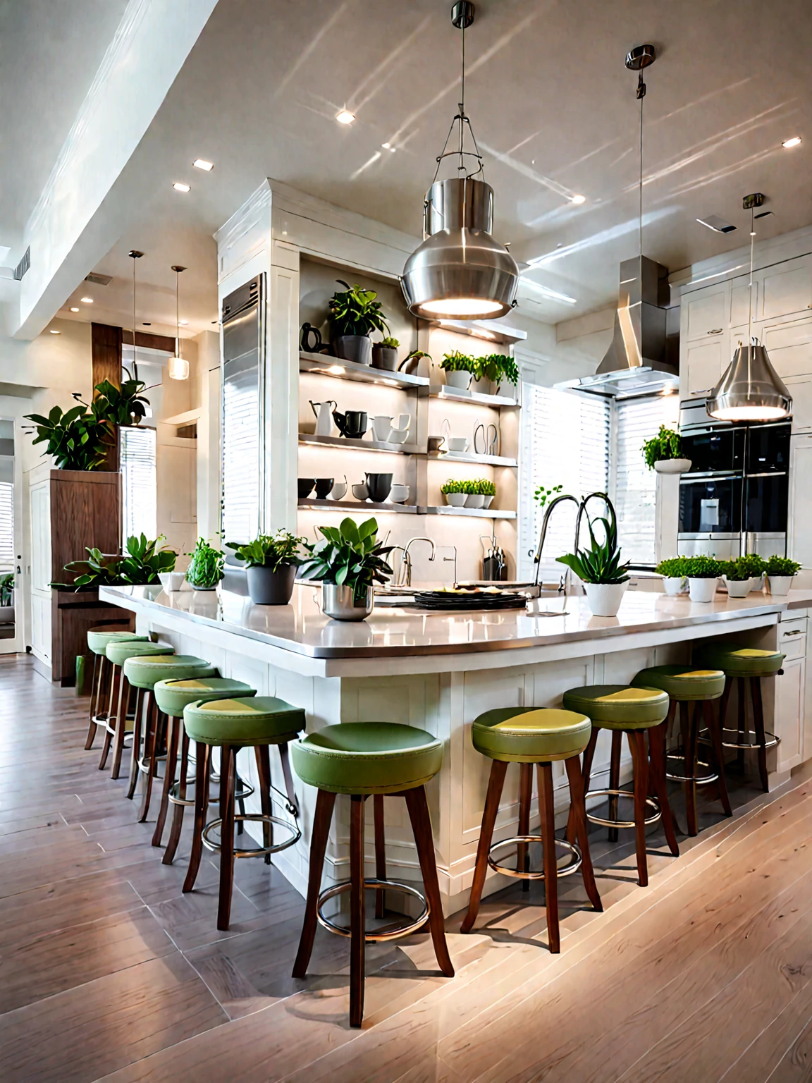 
Modern kitchen, light white, soft ambient lighting, stainless steel appliances, small dining table, wooden chairs, green potted plant, refined cabinetry