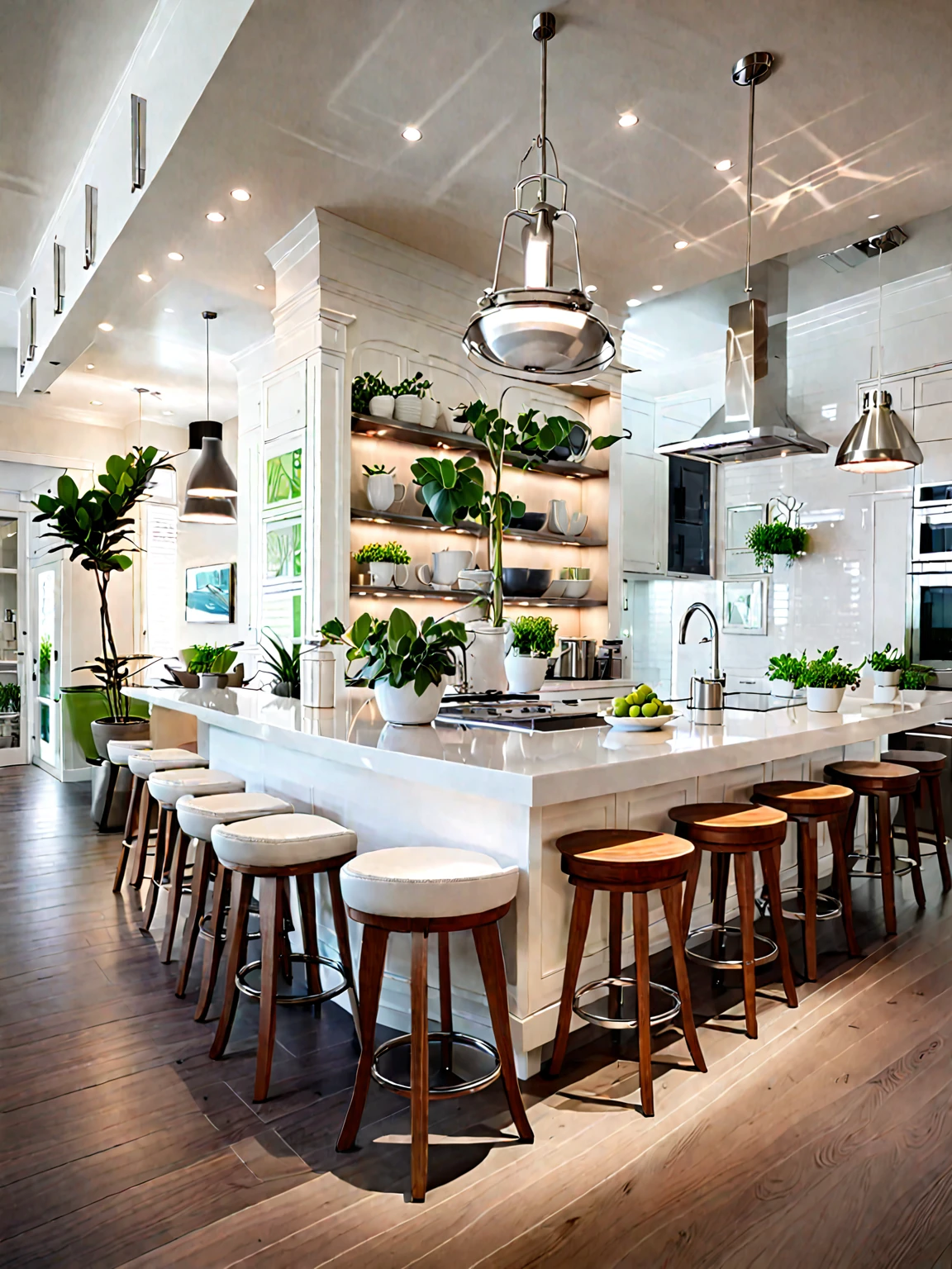 Modern kitchen, light white, soft ambient lighting, stainless steel appliances, small dining table, wooden chairs, green potted plant, refined cabinetry
