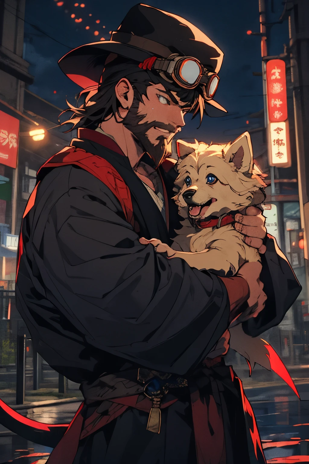 Red demon man, rice hat, goggles, blond little dog, beard, fantasy, ronin, blackhair, blue eyes, demon tail

