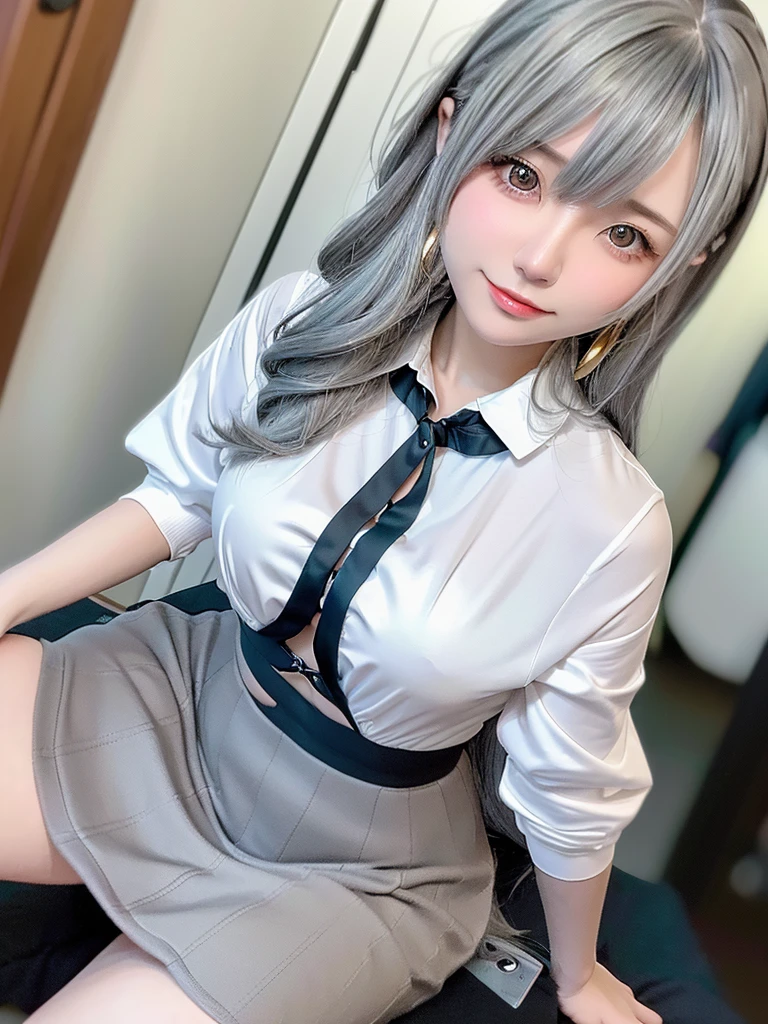 8K, RAW Photos, Fujifilm, Beautiful 20 year old woman style photo, (((Gray Hair:1.3,美しいGray Hairのストレートヘアー、シルキーなGray Hair)))、(((Anime Cosplay:1.5、Black clothing))) Gold earrings, (Highly detailed skin: 1.2), Light medium brown hair, Film Grain, 35mm, Cute Style、(((Sitting 1.5)))、Selfie、Spread your legs、sexy、erotic、Upward glance、Top View、skirt