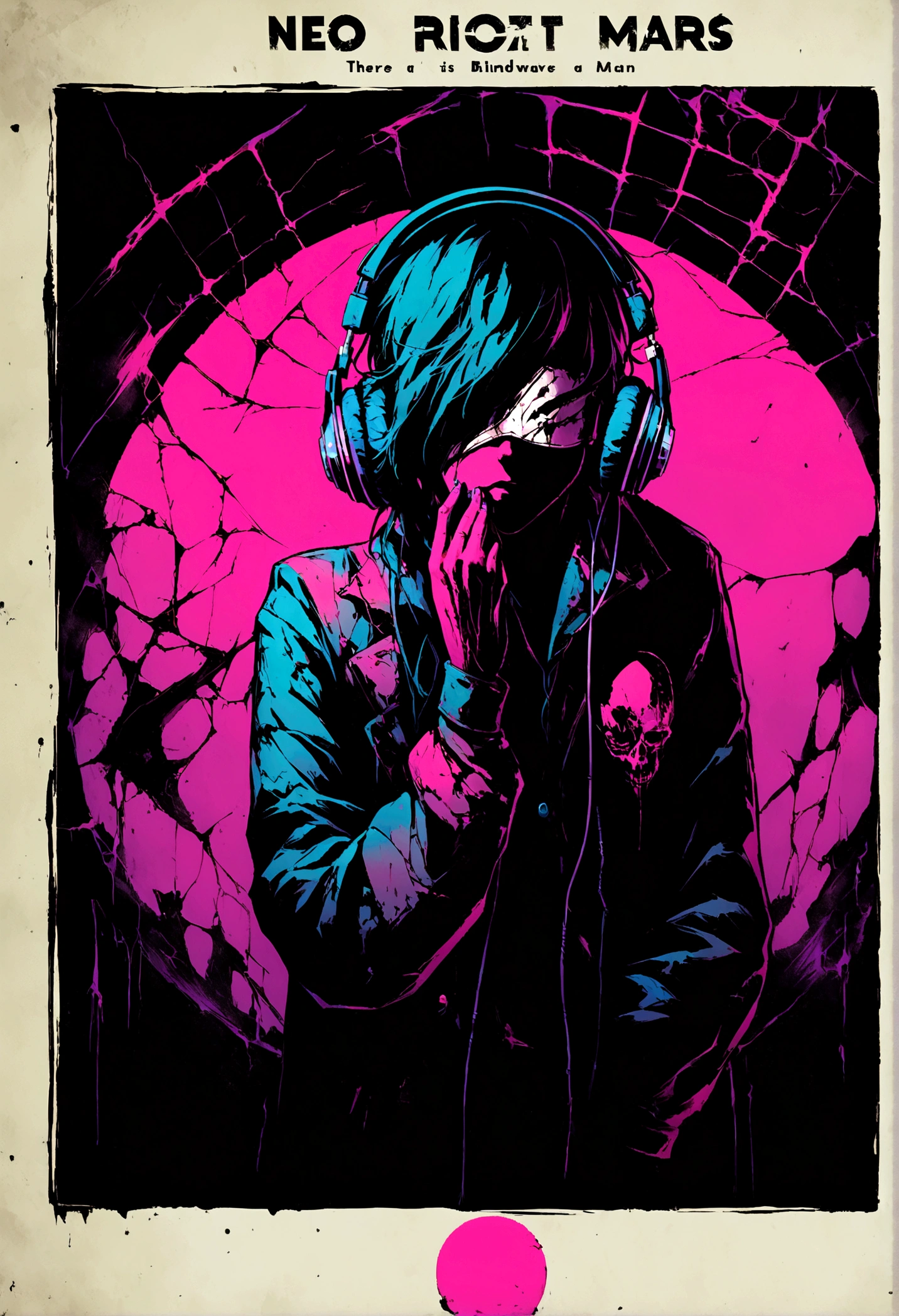 there is a man with a blindfold and headphones on, promo art, album art, headphones, with headphones, noise rock album cover, promo image, darkwave, deep aesthetic, art cover, broken mask, vanitas, beaten tech. neo noir style, analogue horror, album cover, aesthetic shot, with head phones, aesthetic / a riot in mars, heartbreak