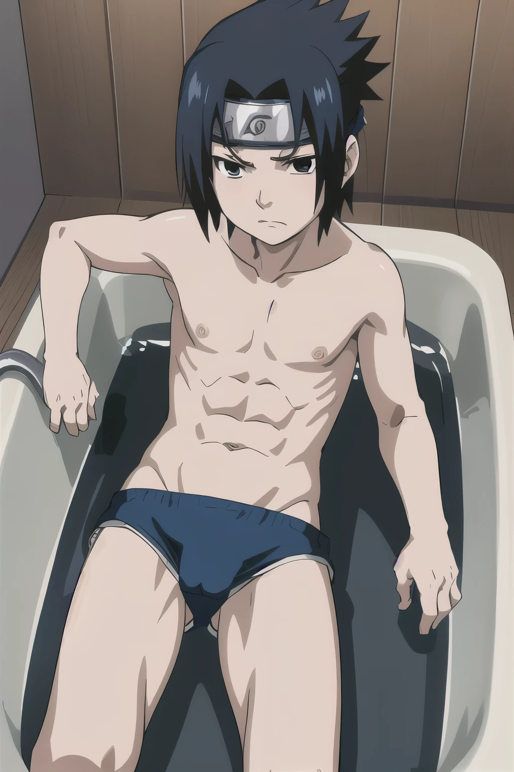 Sasuke, shirtless, underwear, blue briefs, muscle growth, bathtub, s,