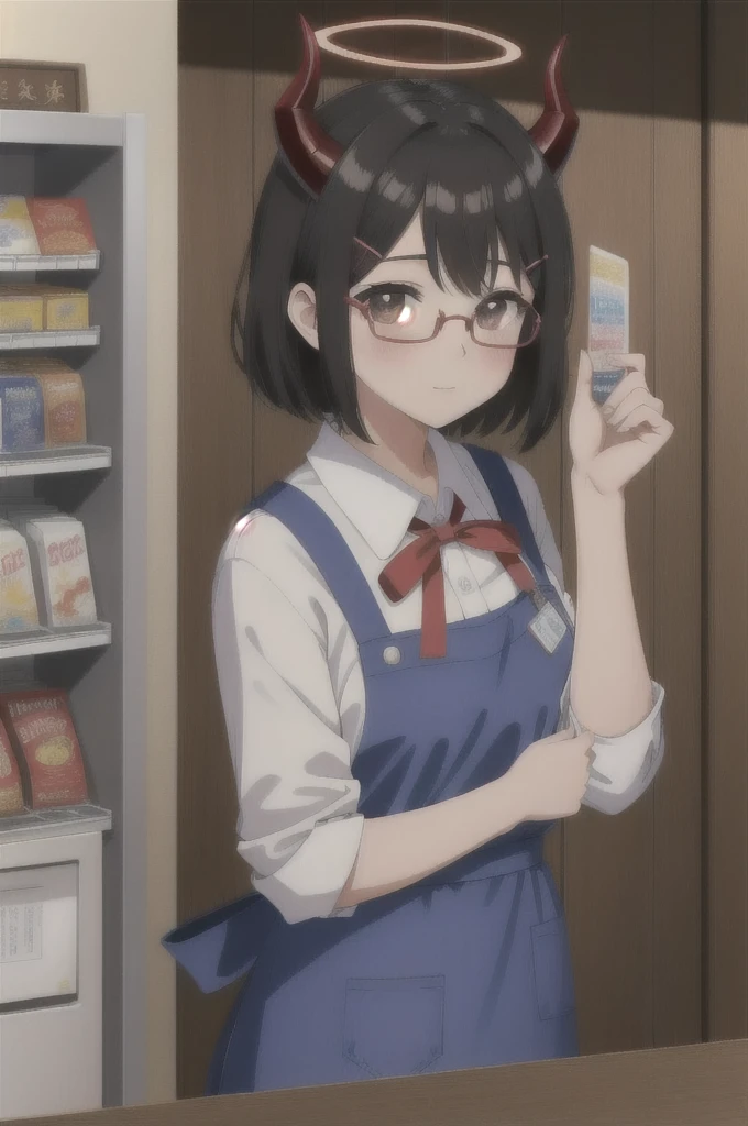 masterpiece, best quality, highly detailed, 1girl, apron, barcode scanner, bespectacled, blue apron, blush, brown horns, closed mouth, collared shirt, convenience store, demon horns, glasses, hair ornament, hairclip, halo, haniwa \(statue\), holding, horns, indoors, black hair, red ribbon, ribbon, shirt, shop, short hair, smile,small bikini