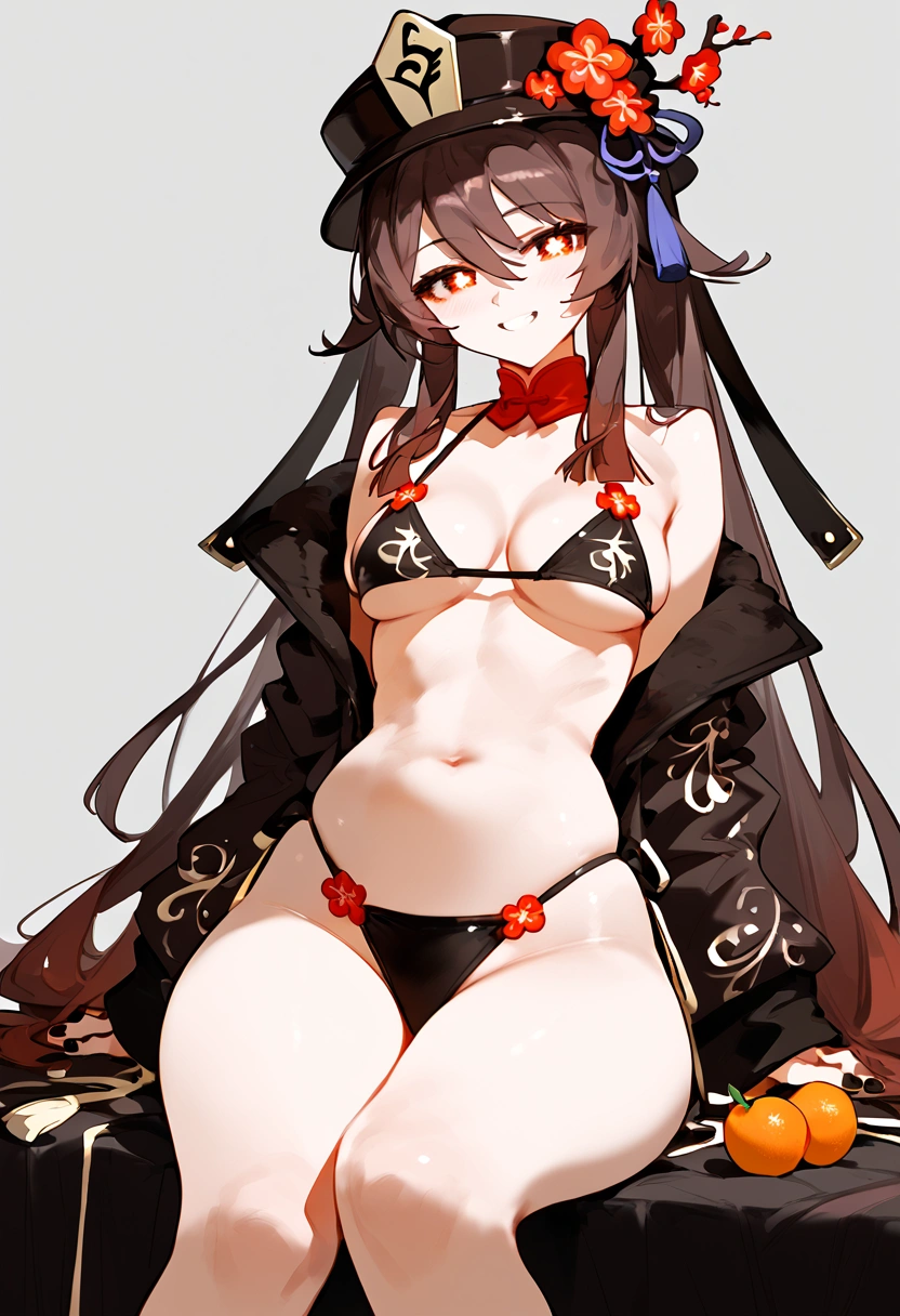 anime artwork, score_9, score_8_up, score_7_up, score_6_up, score_5_up, score_4_up, hu tao, she is 24 years old, style_3, gray background, , , , , _, smile, sit, , solo, bikini, fruits