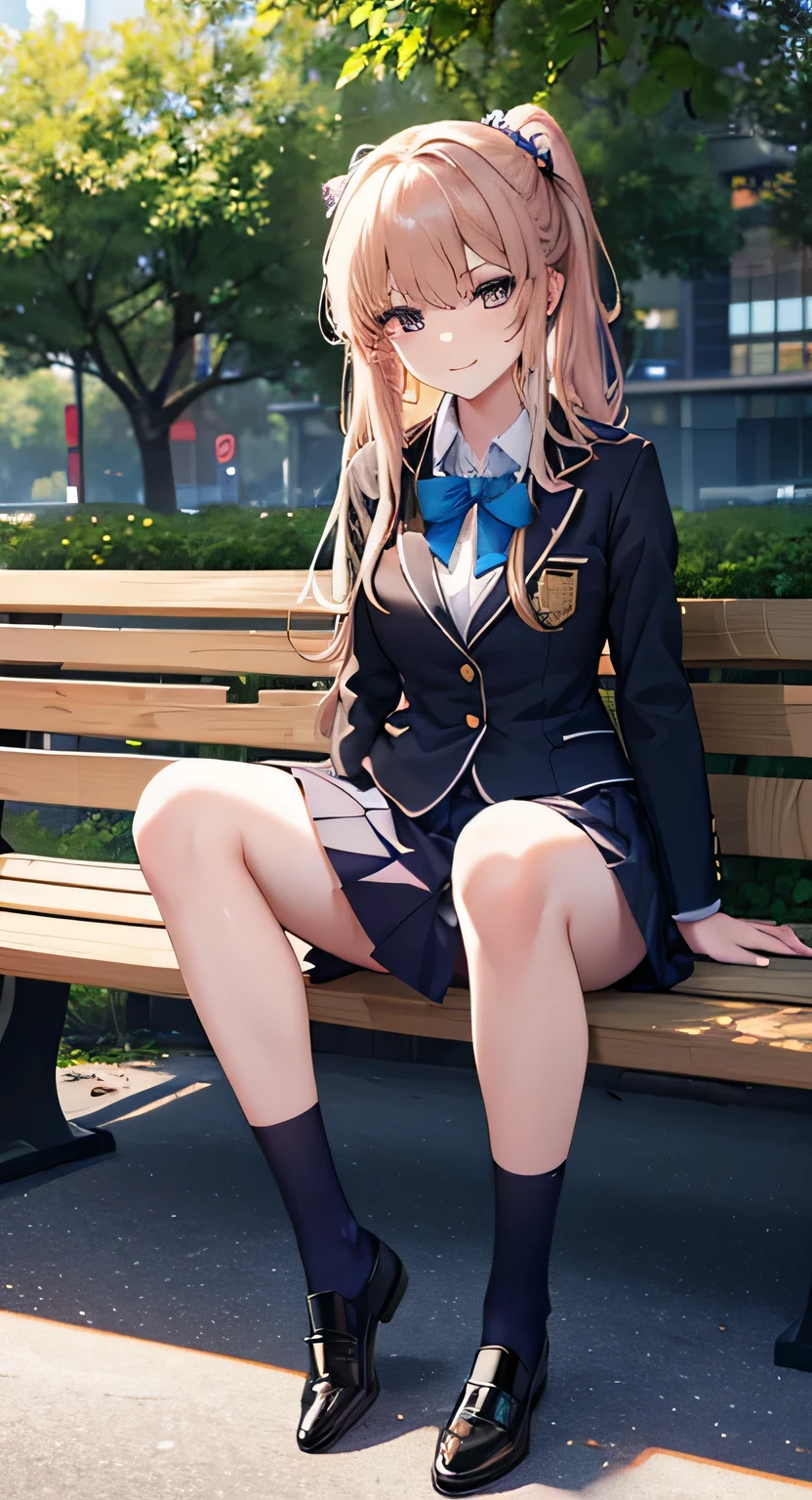 high quality, masterpiece, High resolution, (Head to Toe full body), front, frontComposition from slightly below, Symmetric, Tall 18 year old girl, alone, (Head to Toe), (Small breasts), socks、, (Sit with your legs apart), (Crouching pose), ( (Sit on a bench with your legs spread), (M-shaped feet), Thin legs, Very beautiful tall 18 year old girl, (靴は履いてません), smile、 Looking into the camera, blazer uniform, Checkered Pleated Skirt
