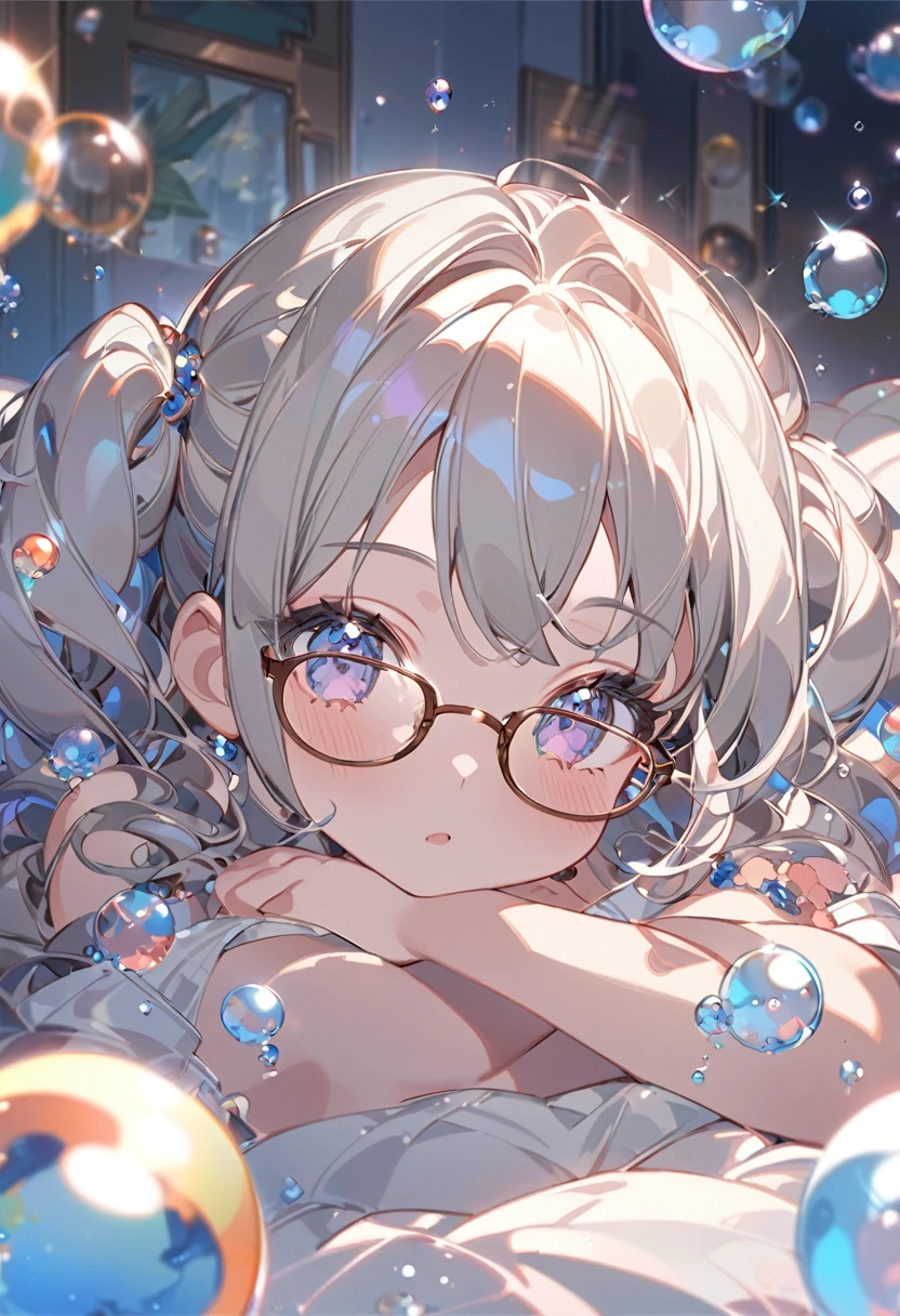 anime girl leaning on bed with bubbles and bubbles in the background, anime moe artstyle, cute anime girl, anime visual of a cute girl, detailed digital anime art, splash art anime , extremely detailed artgerm, kawacy, cute art style, with glasses, cute anime girl portraits, (anime girl), pretty anime girl
