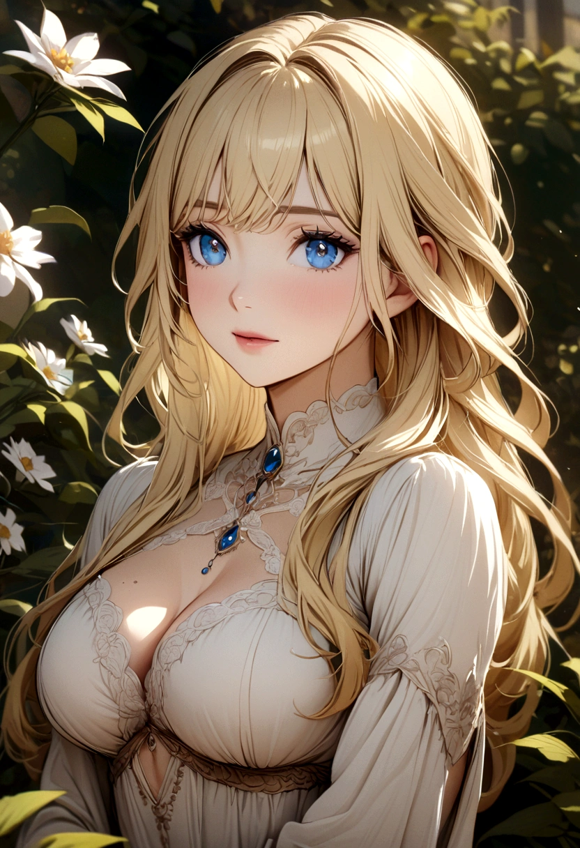 blonde woman blue eyes in the garden with natural breasts