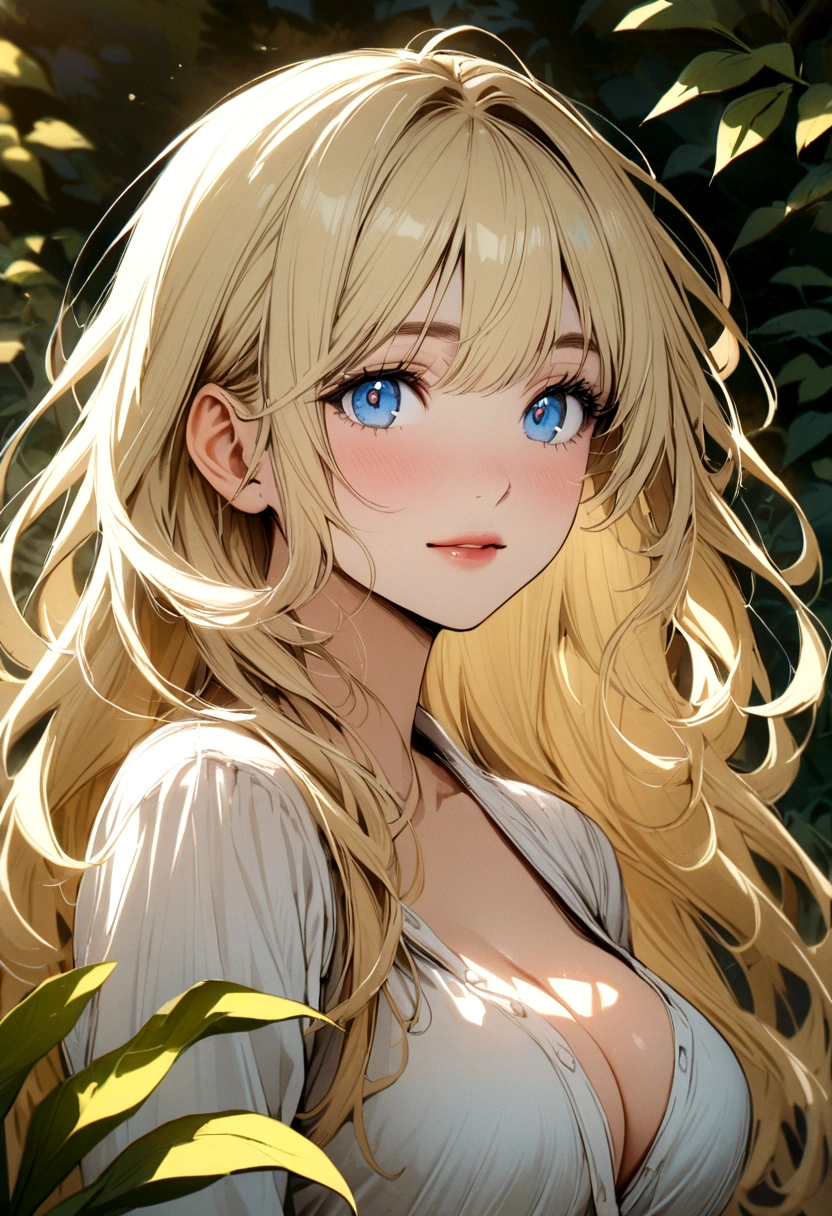 blonde woman blue eyes in the garden with natural breasts