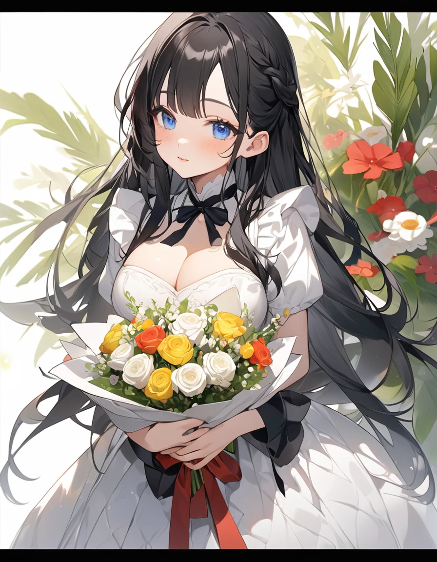 (Highest qualityのイラスト、Simple white background:1.2), (cute女の子:1.1), (1 girl、17 years old、), (1 girl、Kind eyes、blue eyes)、Black Hair、Semi-long hair、(Highest quality、Very detailed、cute、Ultra-high resolution) 、Black Hairの美少女、Bunny girl、Black leotard、Larger breasts、holding a big bouquet