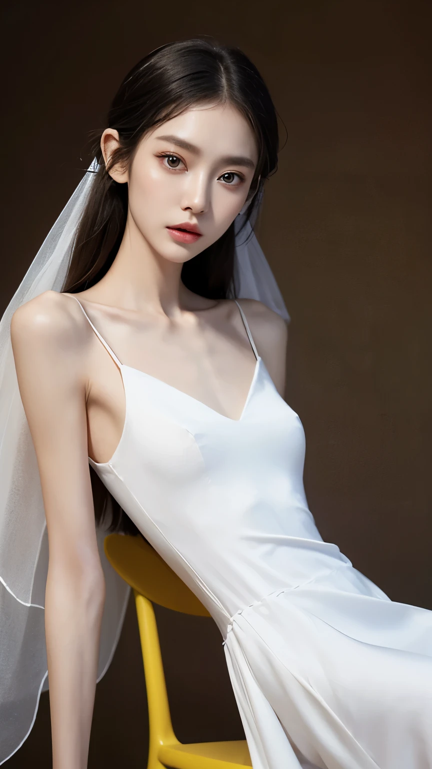 (Photorealistic),(Masterpiece),(ultra-detailed),a close shot of a tall very beautiful and extremely thin girl who is literally just skin and bones because of being severely malnourished and looks so fragile and delicate and has large expressive eyes and very small head, can see all her bones,she has very small and thin body frame and legs,extremely slender build, sitting on a chair, wearing a long white full loose silky flowing dress like a fairy, a waistband on the dress, already large eyes accentuated with makeup,sunken cheeks