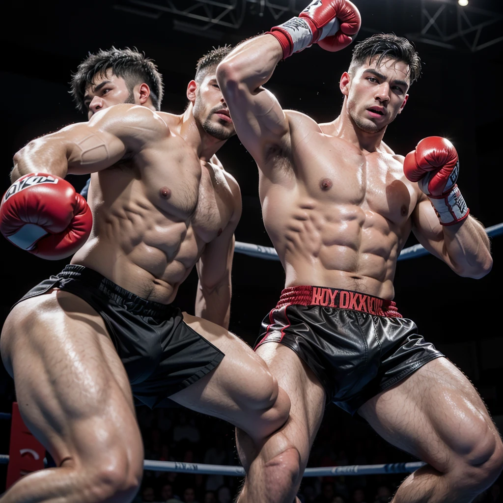 hairy, muscular boxer, has straight black hair on his chest, large flexed biceps, leather red big gloves oversized, laces and tapped and has his hands raised in a sign of victory, he is over a boxing ring, he wear small briefs and long boxing boots, use a boxing head gear,  short hair cut, show his hairy armpits, he is on a boxing vintage gym, his opponent are behind him ready to fight, showing his muscles