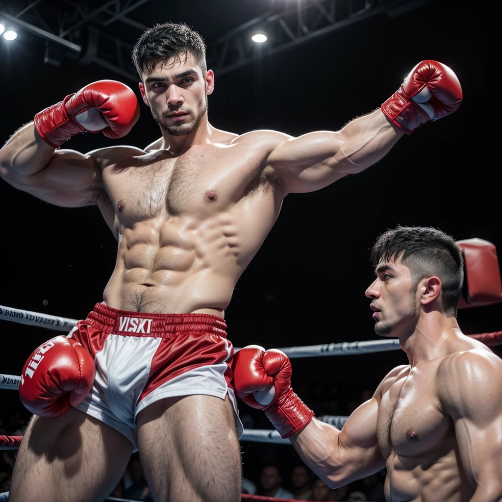 hairy, muscular boxer, has straight black hair on his chest, large flexed biceps, leather red big gloves oversized, laces and tapped and has his hands raised in a sign of victory, he is over a boxing ring, he wear small briefs and long boxing boots, use a boxing head gear, short hair cut, show his hairy armpits, he is on a boxing vintage gym, his opponent are behind him ready to fight, showing his muscles