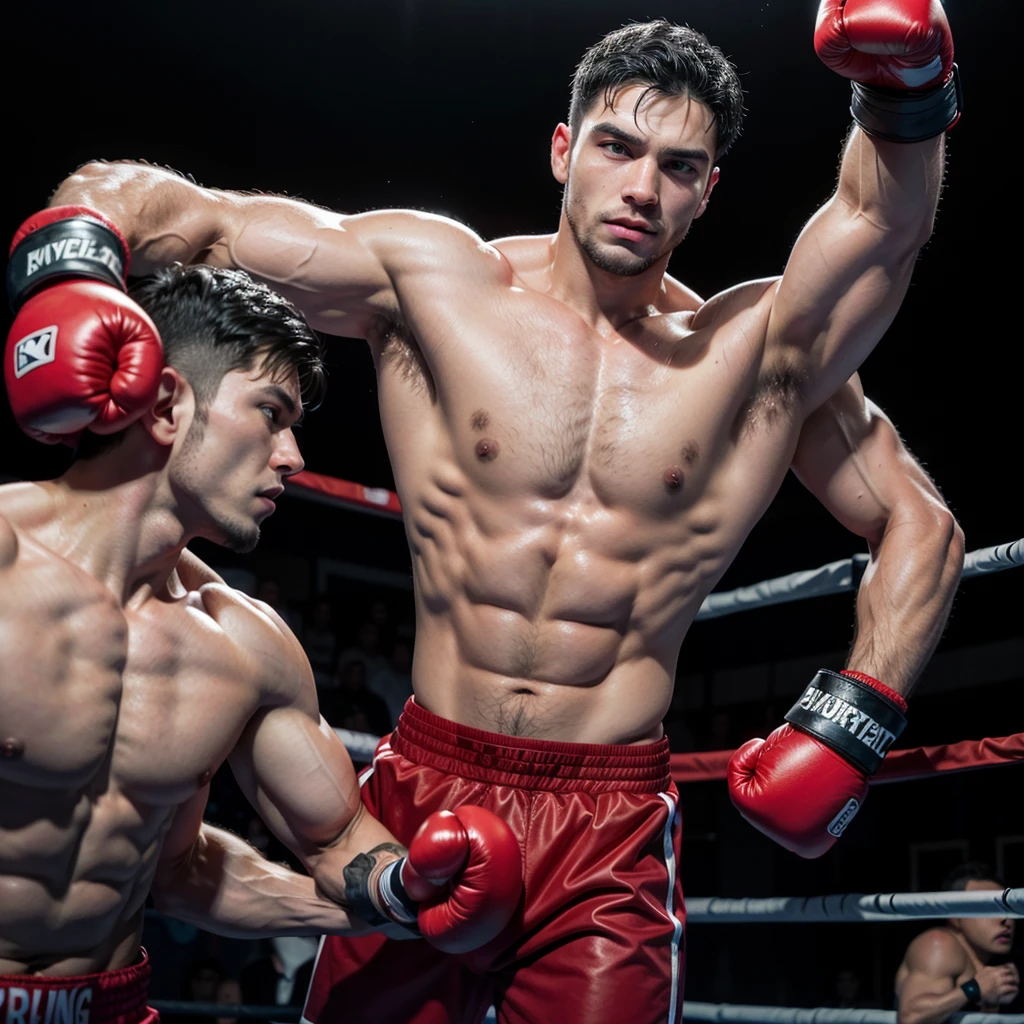 hairy, muscular boxer, has straight black hair on his chest, large flexed biceps, leather red big gloves oversized, laces and tapped and has his hands raised in a sign of victory, he is over a boxing ring, he wear small briefs and long boxing boots, use a boxing head gear, short hair cut, show his hairy armpits, he is on a boxing vintage gym, his opponent are behind him ready to fight, showing his muscles