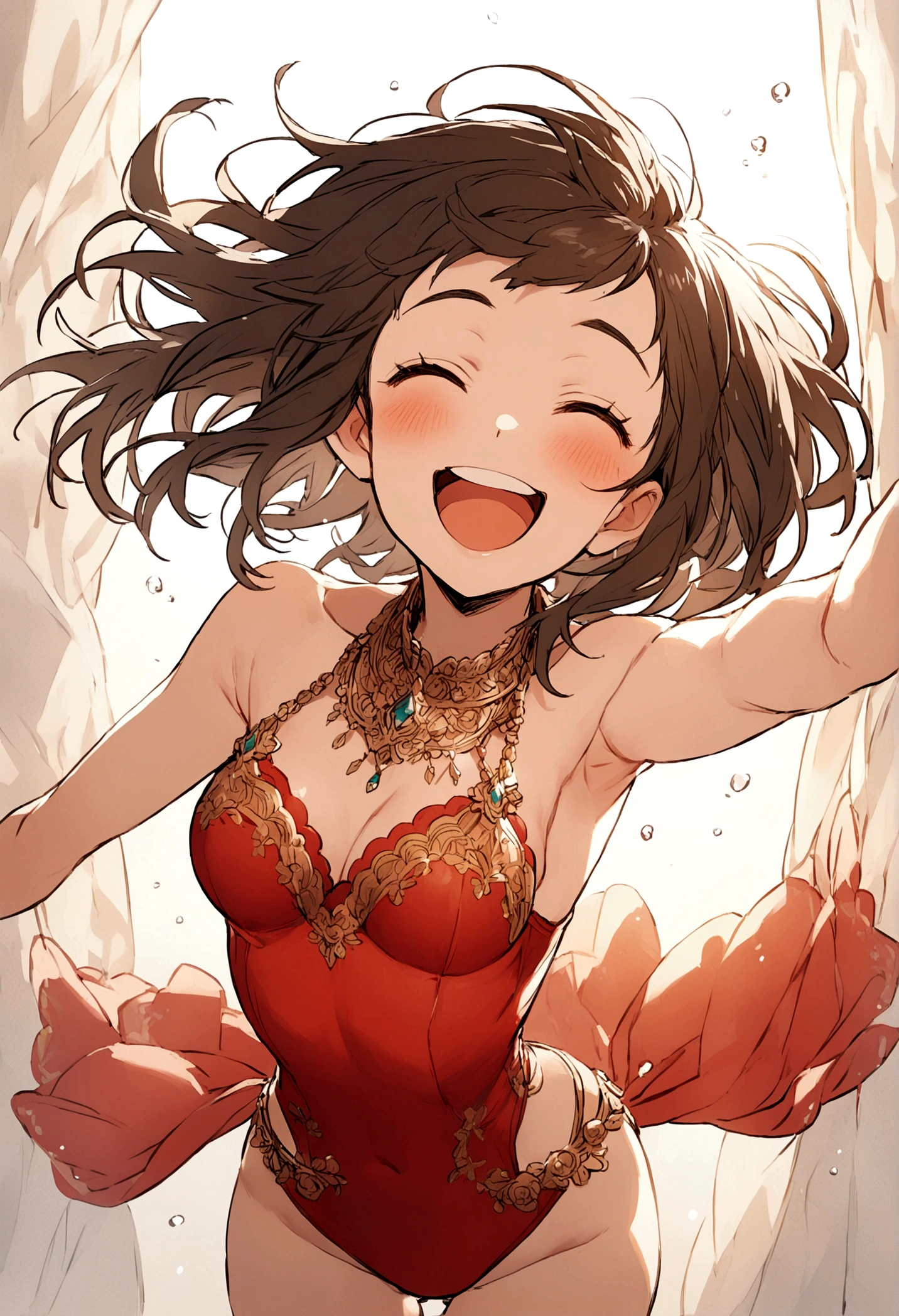 Rin Toshaka in a red swimsuit smiling and excited