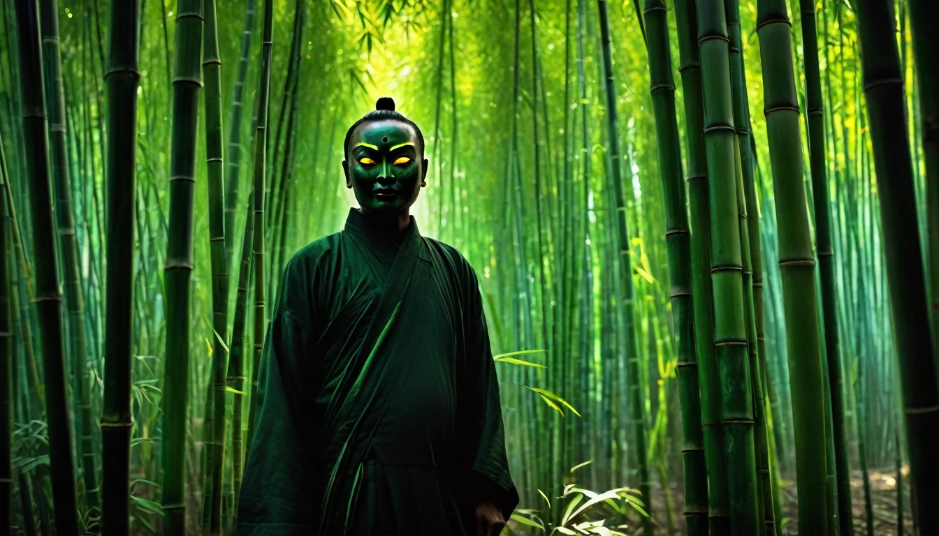 Create a digital artwork featuring a human-like dark shadow with big yellow glowing eyes, standing amidst the bamboo forests of Assam. The scene should depict dense bamboo groves, with tall, slender bamboo stalks creating a labyrinthine backdrop. The shadowy figure should stand prominently in the center, its glowing yellow eyes piercing through the darkness. Use a color palette that contrasts the deep greens of the bamboo with the eerie glow of the eyes, and incorporate subtle lighting to enhance the sense of mystery and tension in the scene. The overall atmosphere should be both haunting and captivating, capturing the enigmatic essence of the bamboo forest and the mysterious figure.