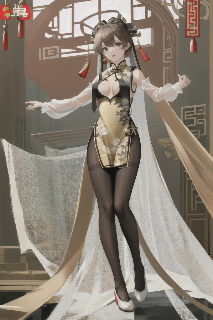 (masterpiece, best quality), 1girl, solo, full body, standing, pantyhose, (china dress, breast curtains:1.2),