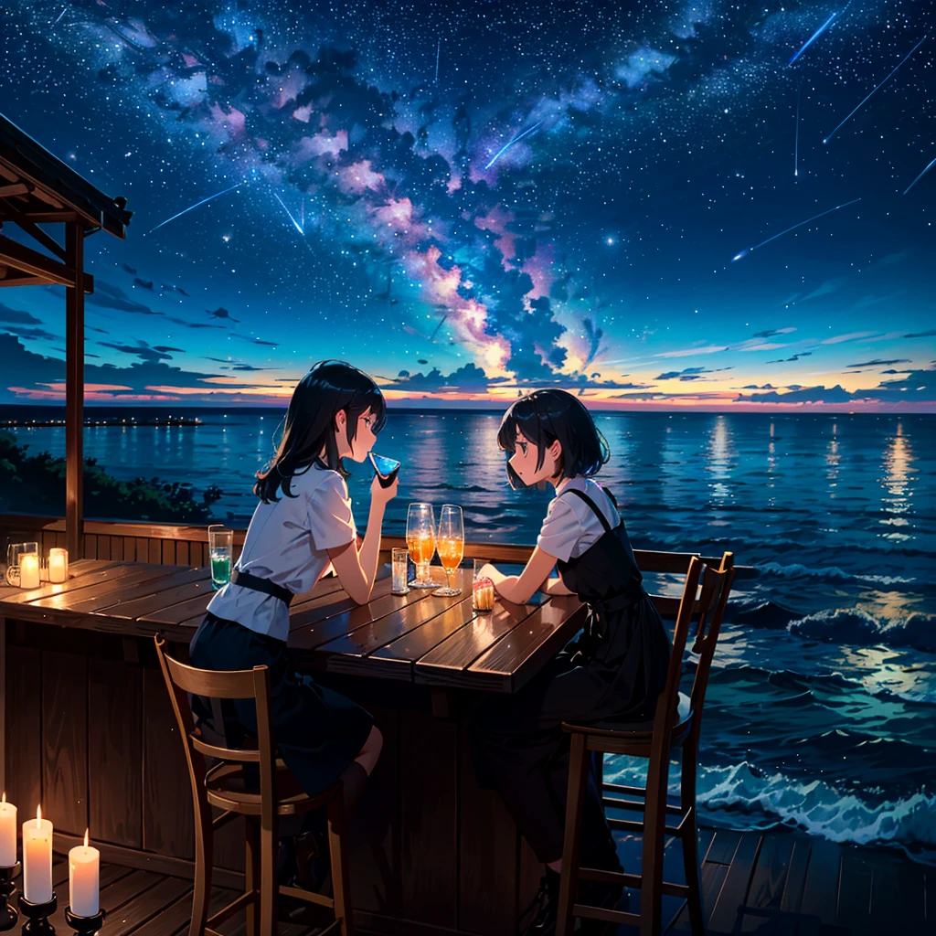 Bar in the sky, 3girls, alone, sitting at bar counter, from side, drinking, (ocean:1.3), candles, starry sky, shooting stars, masterpiece, best quality, ultra detailed,bar
