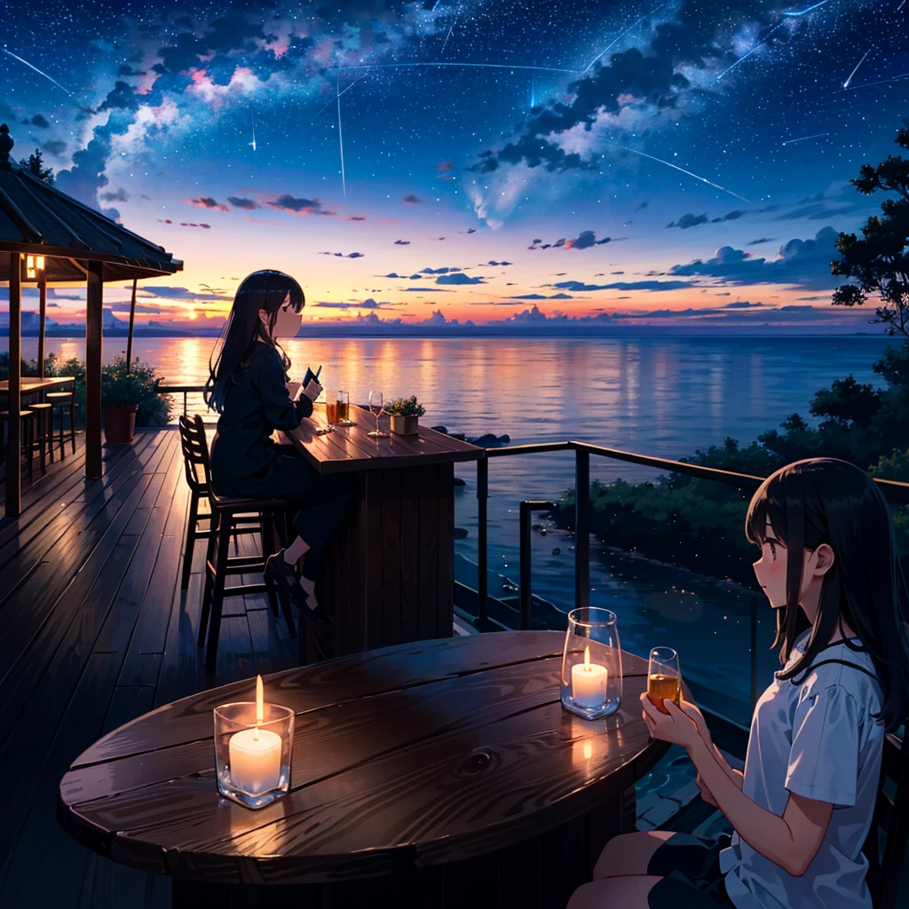 Bar in the sky, 3girls, alone, sitting at bar counter, from side, drinking, (ocean:1.3), candles, starry sky, shooting stars, masterpiece, best quality, ultra detailed,bar
