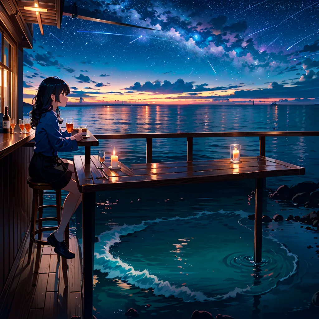 Bar in the sky, 3girls, alone, sitting at bar counter, from side, drinking, (ocean:1.3), candles, starry sky, shooting stars, masterpiece, best quality, ultra detailed,bar