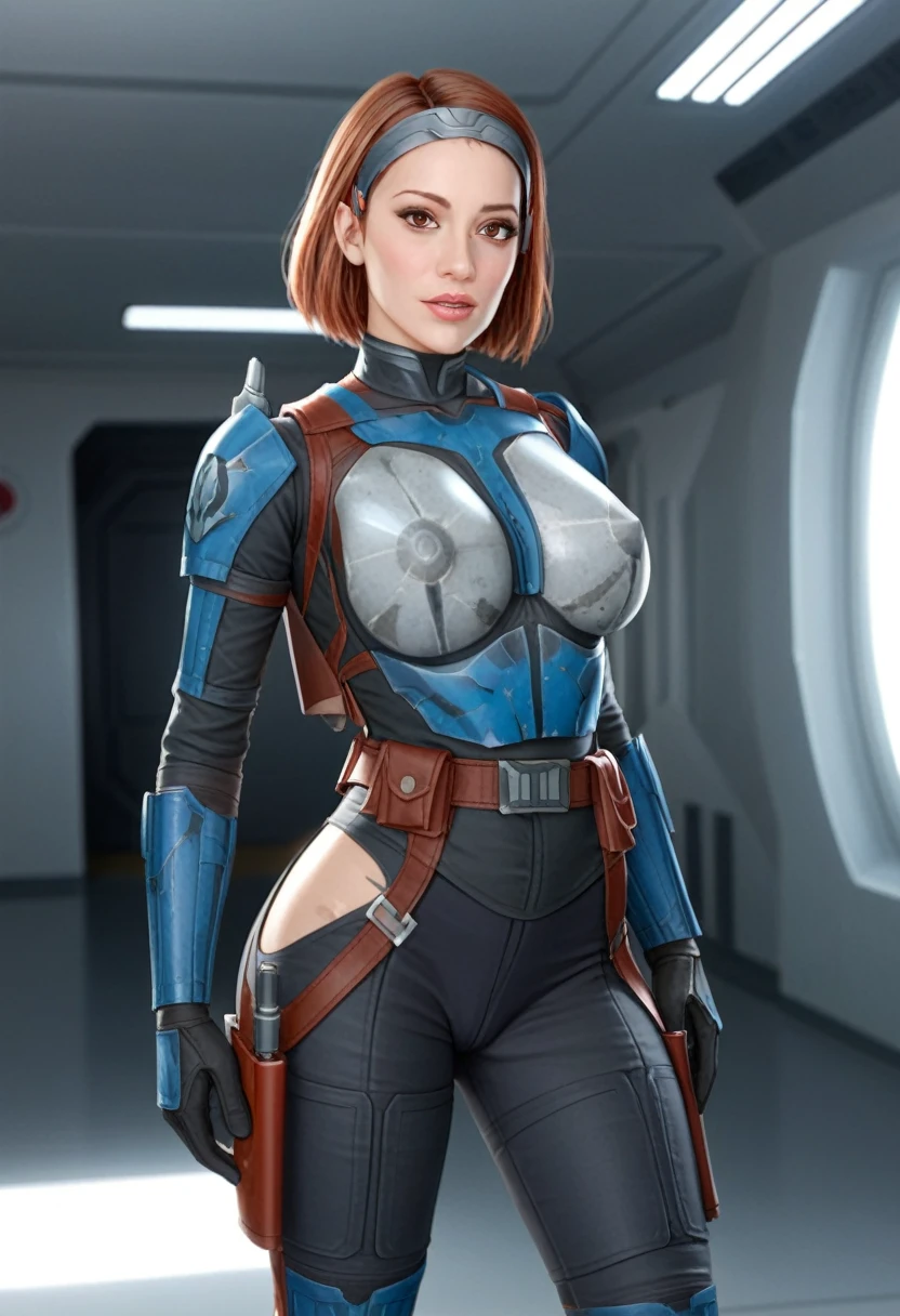 score_9_up, score_8_up, score_7_up, 1girl, solo, mature female, ((Bo Katan)), orange bob hair, brown eyes, pink lips, parted lips, fit slim body, (((Damaged blue and white Mandalorian armor))), (((white Starship room, space in the porthole, white furniture, highly detailed interior, white led backlight))), perfect model body, seductive pose, 