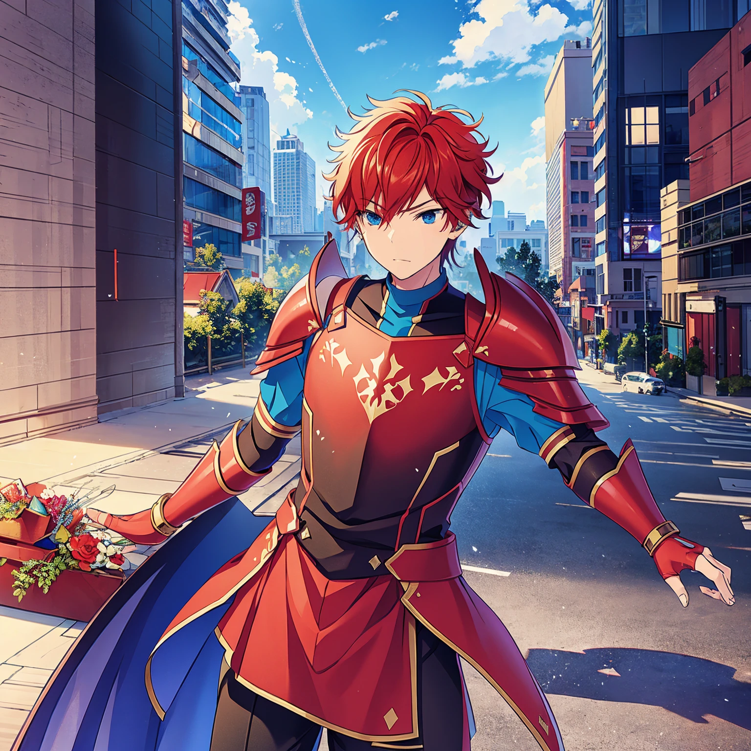 a boy, Red hair, blue colored eyes, red knight armor, heavy armor, posture would be, city in the background, No hero, 15year old, natta, closed sky, chest armor, focus from the waist up, avoid hands in the image.