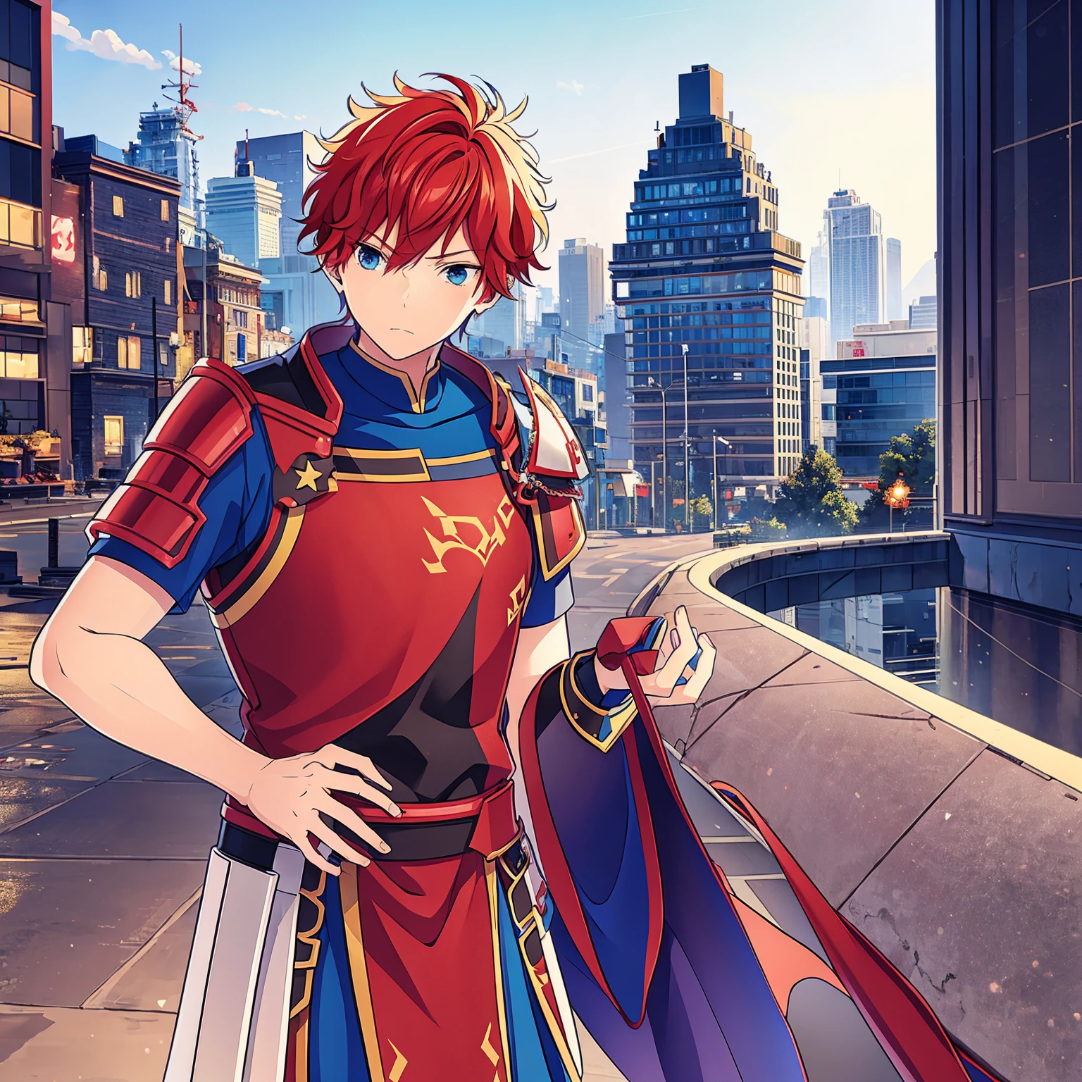 a boy, Red hair, blue colored eyes, red knight armor, heavy armor, posture would be, city in the background, No hero, 15year old, natta, closed sky, chest armor, focus from the waist up, avoid hands in the image.