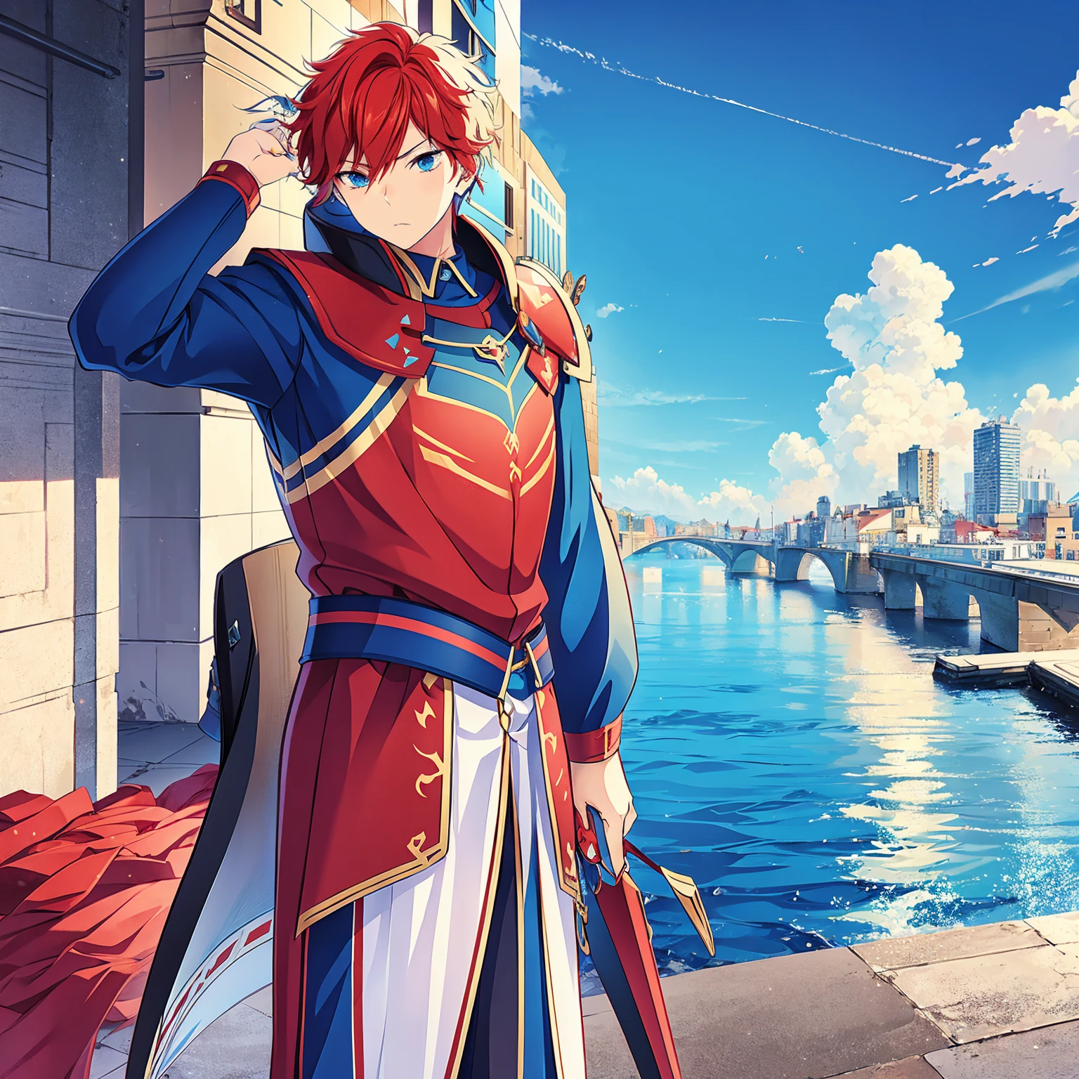 a boy, Red hair, blue colored eyes, red knight armor, heavy armor, posture would be, city in the background, No hero, 15year old, natta, closed sky, chest armor, focus from the waist up, avoid hands in the image.
