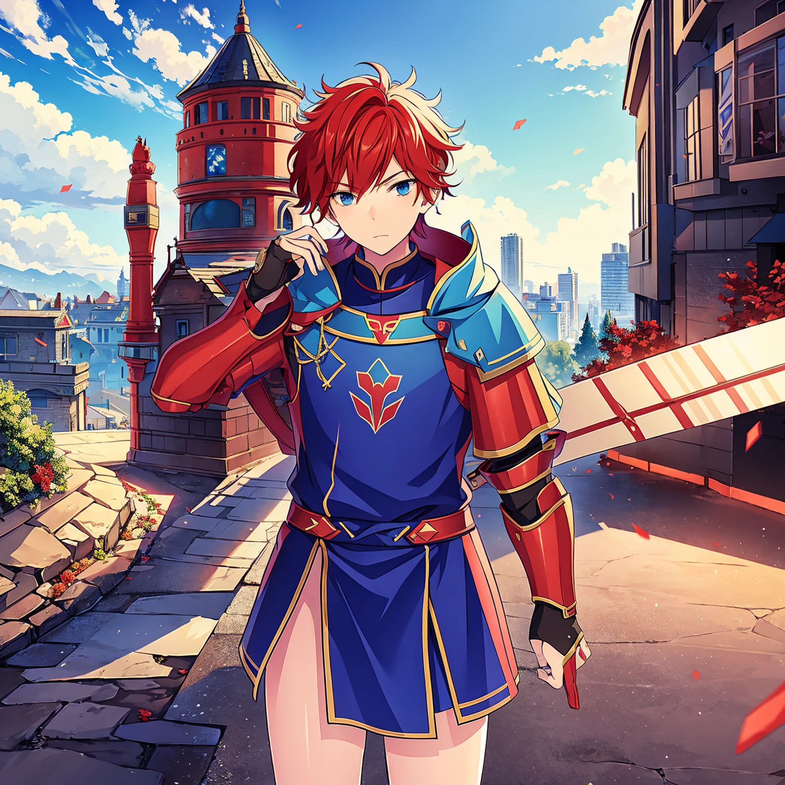 a boy, Red hair, blue colored eyes, red knight armor, heavy armor, posture would be, city in the background, No hero, 15year old, natta, closed sky, chest armor, focus from the waist up, avoid hands in the image.