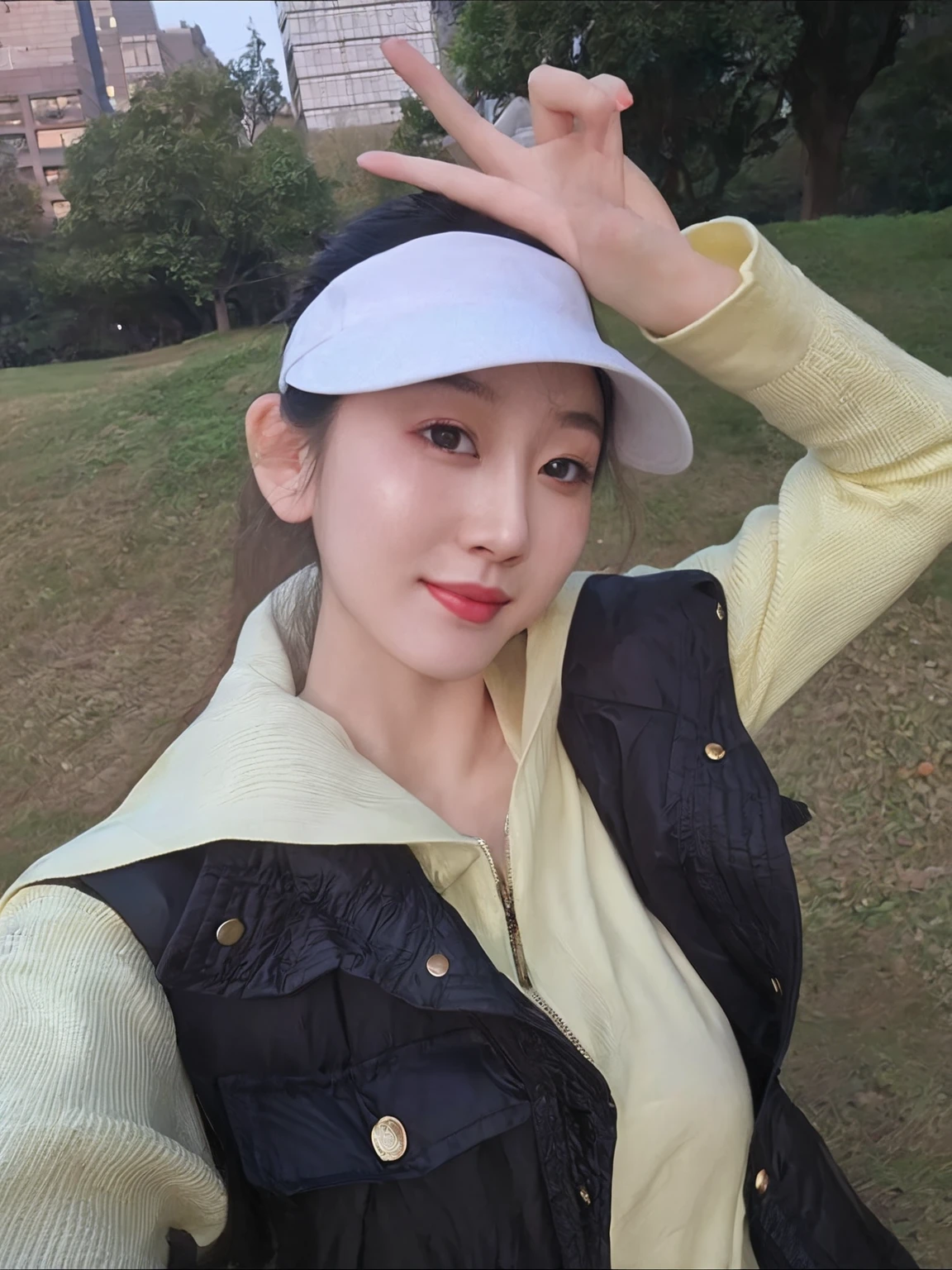 A woman poses for a photo in the park, beautiful south Korean woman, xintong chen, Shin Jin Hye, wenfei ye, gorgeous young Korean woman, beautiful young Korean woman, Cui Xianhua, 8k selfie photo, Cheng Man Kit, Korean woman, 28 years old, Dilraba Dilmurat, li zixin