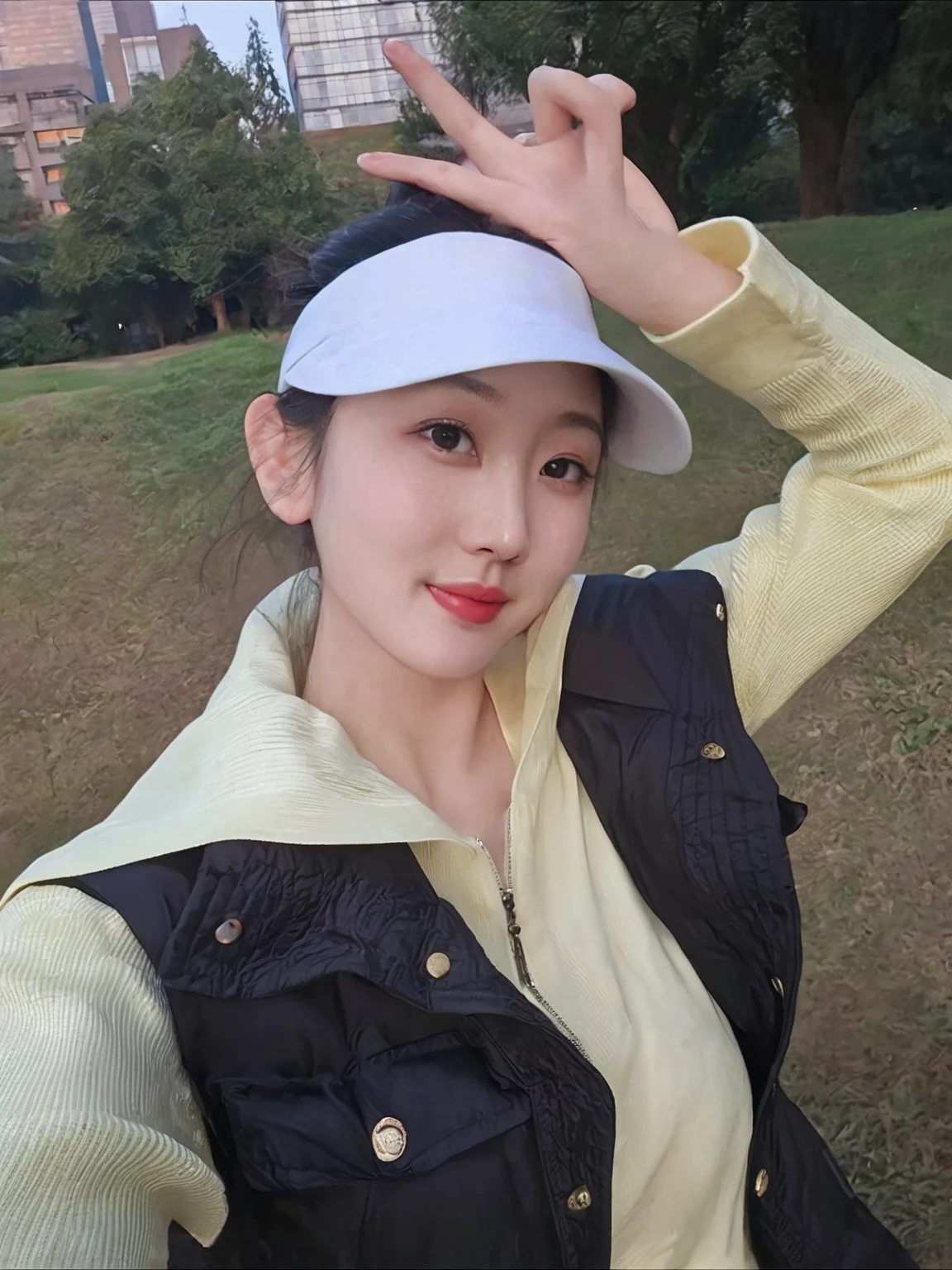 A woman poses for a photo in the park, beautiful south Korean woman, xintong chen, Shin Jin Hye, wenfei ye, gorgeous young Korean woman, beautiful young Korean woman, Cui Xianhua, 8k selfie photo, Cheng Man Kit, Korean woman, 28 years old, Dilraba Dilmurat, li zixin