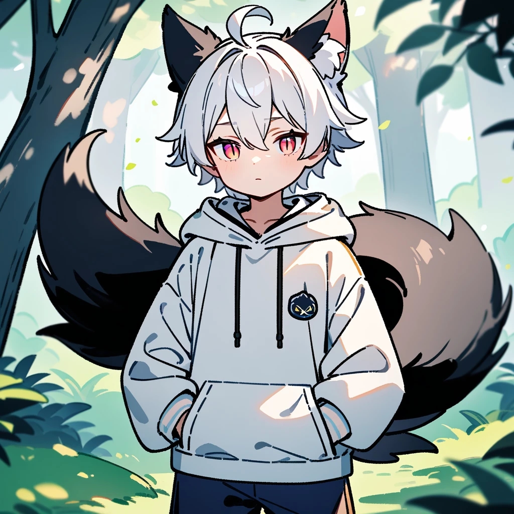 （masterpiece：1.2，high quality），8K，High resolution，A seven-year-old boy，cute boy，white hair，short hair，light red eyes，slit pupils， ahoge，cat ears，expressionless eyes，Halation，It has black wings on the back，Wearing a white hoodie，Dark blue shorts，Stand in the forest，There are flowering trees on both sides.，primary school student，thigh，alone，fox tail，（Put your hands in your pockets）