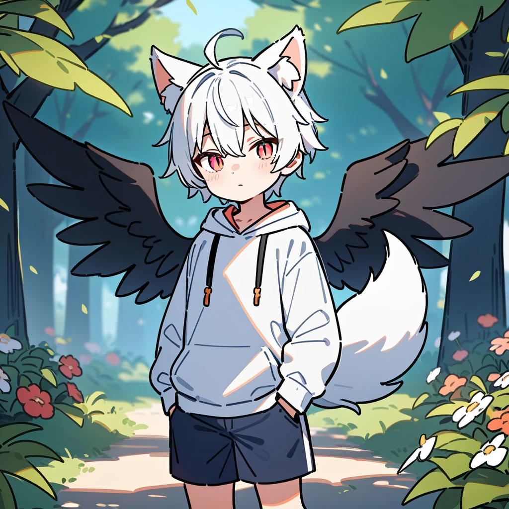 (masterpiece:1.2,high quality),8K,High resolution,A seven-year-old boy,cute boy,white hair,short hair,light red eyes,slit pupils, ahoge,cat ears,expressionless eyes,Halation,It has black wings on the back,Wearing a white hoodie,Dark blue shorts,Stand in the forest,There are flowering trees on both sides.,primary school student,thigh,alone,fox tail,(Put your hands in your pockets)