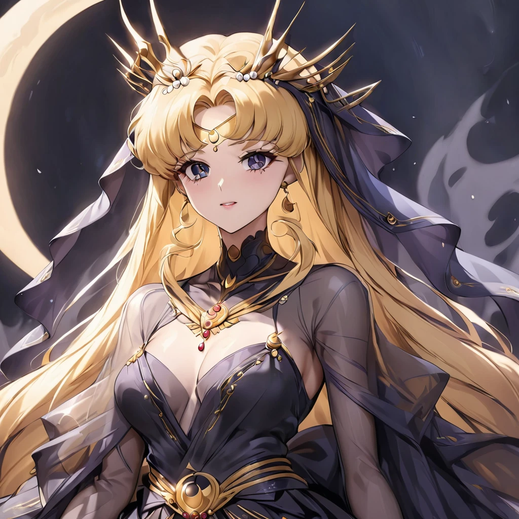 ((Highest quality)), ((masterpiece)), (detailed), （Perfect Face）、The woman has a black inverted crescent moon mark on her forehead, is wearing a gorgeous and glittering Hanfu, a black veil, a black see-through cape, and luxurious jeweled accessories, and is the Queen of Darkness.、The woman is Black Serenity, the noble dark queen of the Black Moon clan and has blonde hair.２The woman with long hair tied up is Princess Serenity