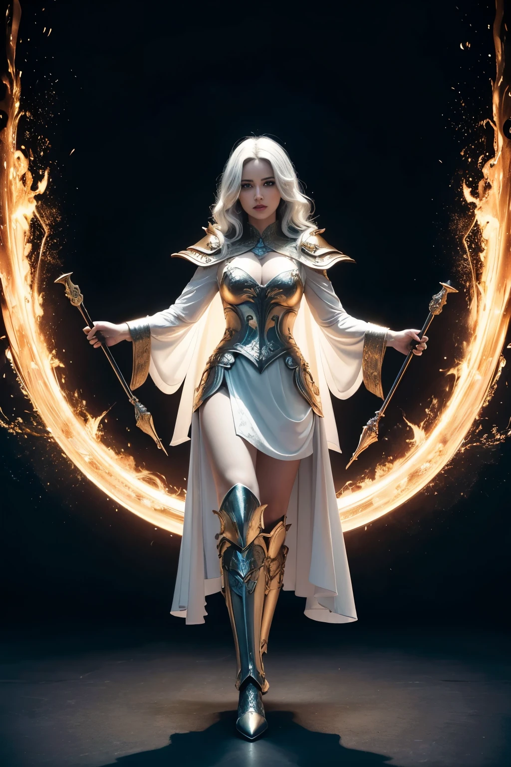 8K, ultra detaild, Obra de artistry, best qualityer, (extremely detaild), Arafed, artistry, panoramic view, whole body, 1flooroaasimar Cleric casting a flaming spell, aasimar, female, (masterpiece 1.3, intense details), female, Cleric, holy warrior, casting radiant spell, divine spell (masterpiece 1.3, intense details)(masterpiece 1.3, intense details), fantasy divine background (masterpiece 1.5, intense details), floor, clouds, wearing white armor (masterpiece 1.5, intense details), blue robe, Flowing mantle (masterpiece 1.3, intense details), High Heeled Boots (masterpiece 1.3, intense details), armed with mace gl0w1ngR, metallic hair, greeneyes, olhos intensos, Female One, ultra detaild face, (masterpiece 1.5, best qualityer), anatomically correcte (masterpiece 1.3, intense details), determined face, godly light, cinematic lighting, smooth light, silhuette, fotorrealism, panoramic view (masterpiece 1.3, intense details) , wide angle, ultra-wide angle, 8K, alta refloorução, best qualityer, High details