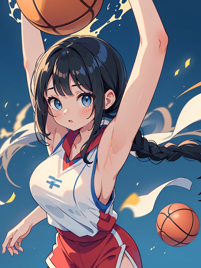 Highest quality、High resolution、Detailed Background、Beautiful Face、High detail、(Perfect Anatomy, Perfect Style)、(Detailed facial expressions)、(fine grain:1.2)、age Beauty、One Girl、Elementary school students, Cute black hair、Braided Bob, Braided, clear, deep blue eyes、Braided Ponytail, Braided bob cut, Basketball game, Stay in the air while jumping for a dunk, ((shoot from above:2, looking at goal)), (Tight uniform:1.5, Red and blue sleeveless:1.5)、((armpit:1.5)), ((large breasts:1.2, pointy breasts:1.4)), gym, Holding a basketball, Full body shot