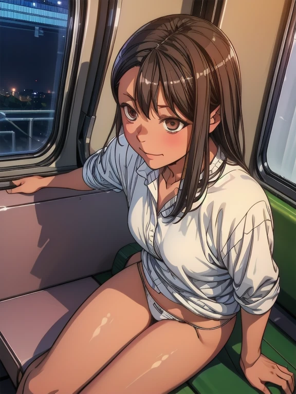 (1) Sitting alone on a long seat in a train,Leg spread,Showing white panties, Composition from the front,Low - Angle,
(2) I&#39;m a jk, She is wearing a uniform consisting of a miniskirt, sailor suit and loose socks.,
(3) I have medium length brown hair,
(4) The expression is provocative and smirking.,
(5) The location is a long seat on the Yamanote Line at night.,There are no other customers,The view outside the window is the night view of the city