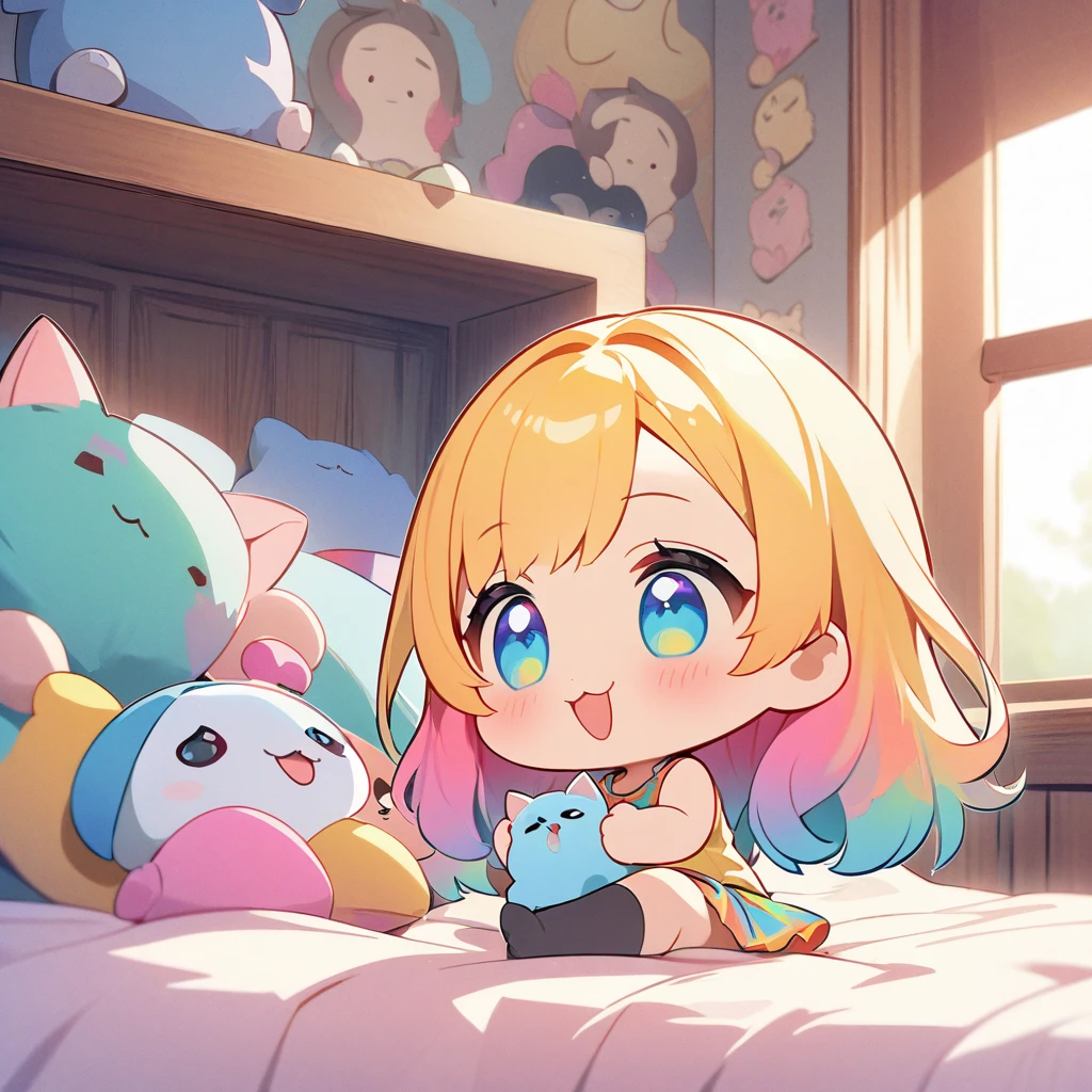 masterpiece、Highest quality、Depth of subject、((2D illustration))、1 beautiful girl、((colorful))、(((chibi style)))、((Long, beautiful hair))、Bright golden hair、ribbon、cute、Beautifully detailed eyes、Tank top、((mini skirt))、(((vivid color))、socks、((in the room))、((bed))、stuffed toy、((medium shot))、((Very happy face))、((Holding a kitten))、((There&#39;s a lot of pink around))、((Lens flare))、White light is shining、Sunbeam、My whole body was filled with light、Cinematic lighting、Full body lighting