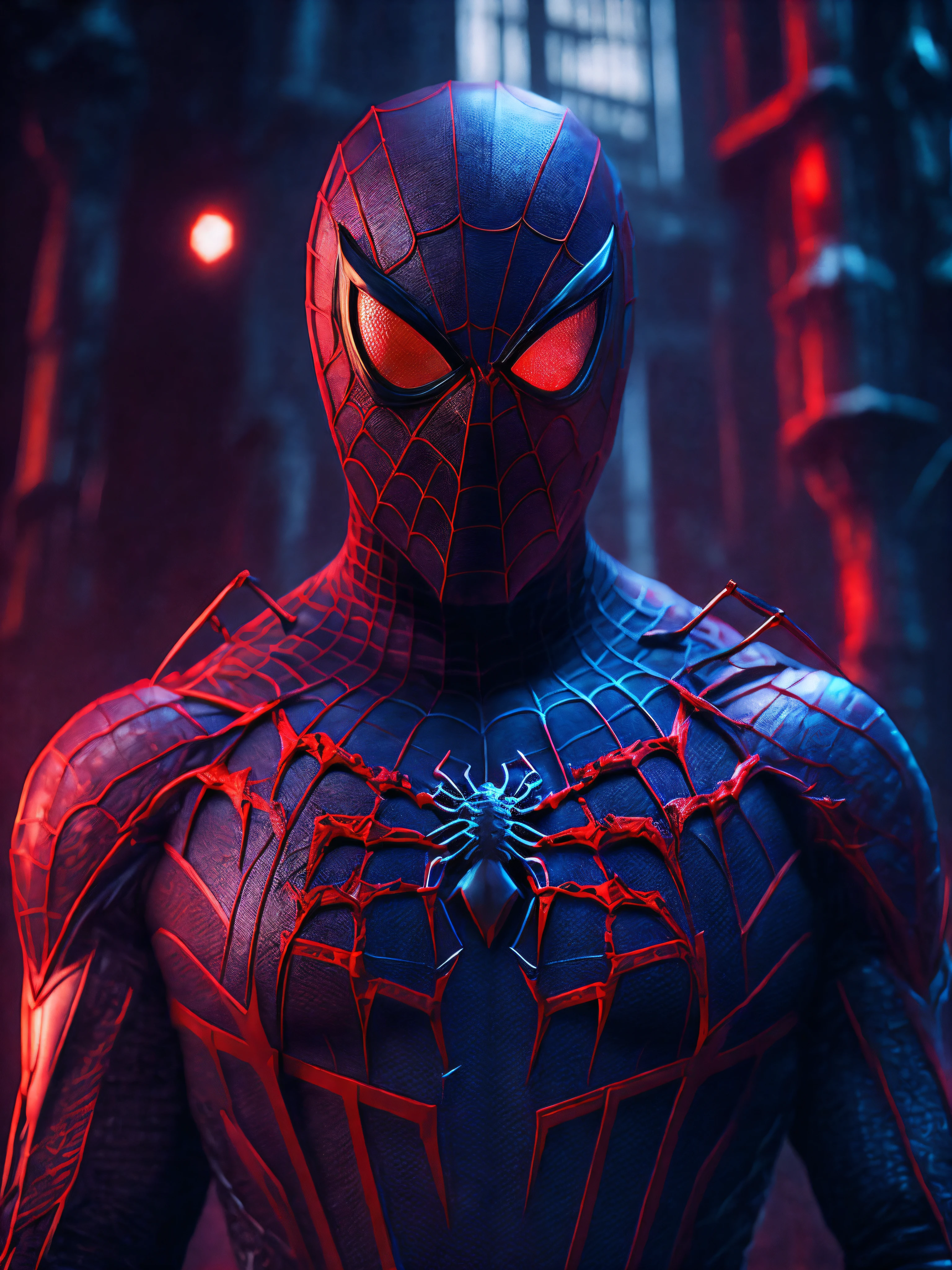 Dark Portrait of Killer Spider-Man (The whole suit is covered in blood, torn suit pieces) da Marvel, with intricate and angular cybernetic implants inside a brutalist building, brutalist gothic cathedral, cyber punk, awarded photo, bokeh, neon lights, Membro 4K Cyber ,