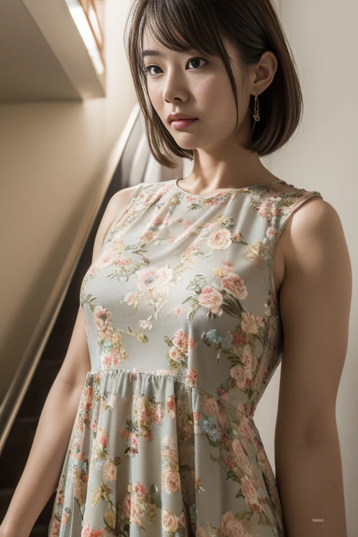 Masseter muscle area, Highest quality, masterpiece, High resolution, Photorealistic, Raw photo, 8k wallpaper, perfection, Professional Lighting, Very detailed, Depth of written boundary, ((One beautiful woman)), ((40 years)), Sexy女性, Hotel stairs, ((Big floral dress)), ((Look into the viewer's eyes)), Detailed face, Beautiful Eyes, (Sit with good posture), Bans, Shapely small breasts, Light brown straight hair, Faint lips, (Place your arms between your legs)、gravure, From the chest up, Tabletop, Highest quality, Super detailed, Realistic, Very detailed肌, perfectionな解剖学, (1 Japan), (alone), 80 years old, Flashy makeup, A mouth holding a banana in its mouth、Large Breasts, Mature actress, Glamour, Sexy, Chromo White Skin, Take in the view