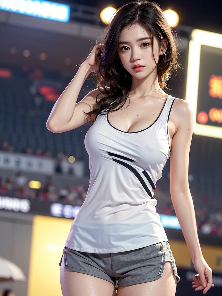 Mix 4, (8k, Live Shooting, Highest quality, masterpiece: 1.2), (Real, Photorealistic: 1.37), 一人のgirl, cute, night, rain, Wetty, Professional Lighting, Photon Mapping, Radio City, Physically Based Rendering, Gradient black hair, Gray Hair, Short Curly Hair, good looking, girl, Highest quality写真, High resolution, 1080P, (Clear Face), (Detailed face description), (Detailed hand description), (masterpiece), (Exquisite CG)、Extreme light and shadow、Disheveled Hair、Masterwork、Rich details、(Fine facial features)、(Highest qualityの写真)、(Masterpiece)、(Detailed eyes)、Look in front of you、Detailed clavicle、((Mid-breasted))、Nipple erection、Sexy、Lady、Clear、Smooth Hair、Clothes are not shiny、Sportswear、Clothing worn during athletics、Sweaty、Athletics Stadium、Shorts
