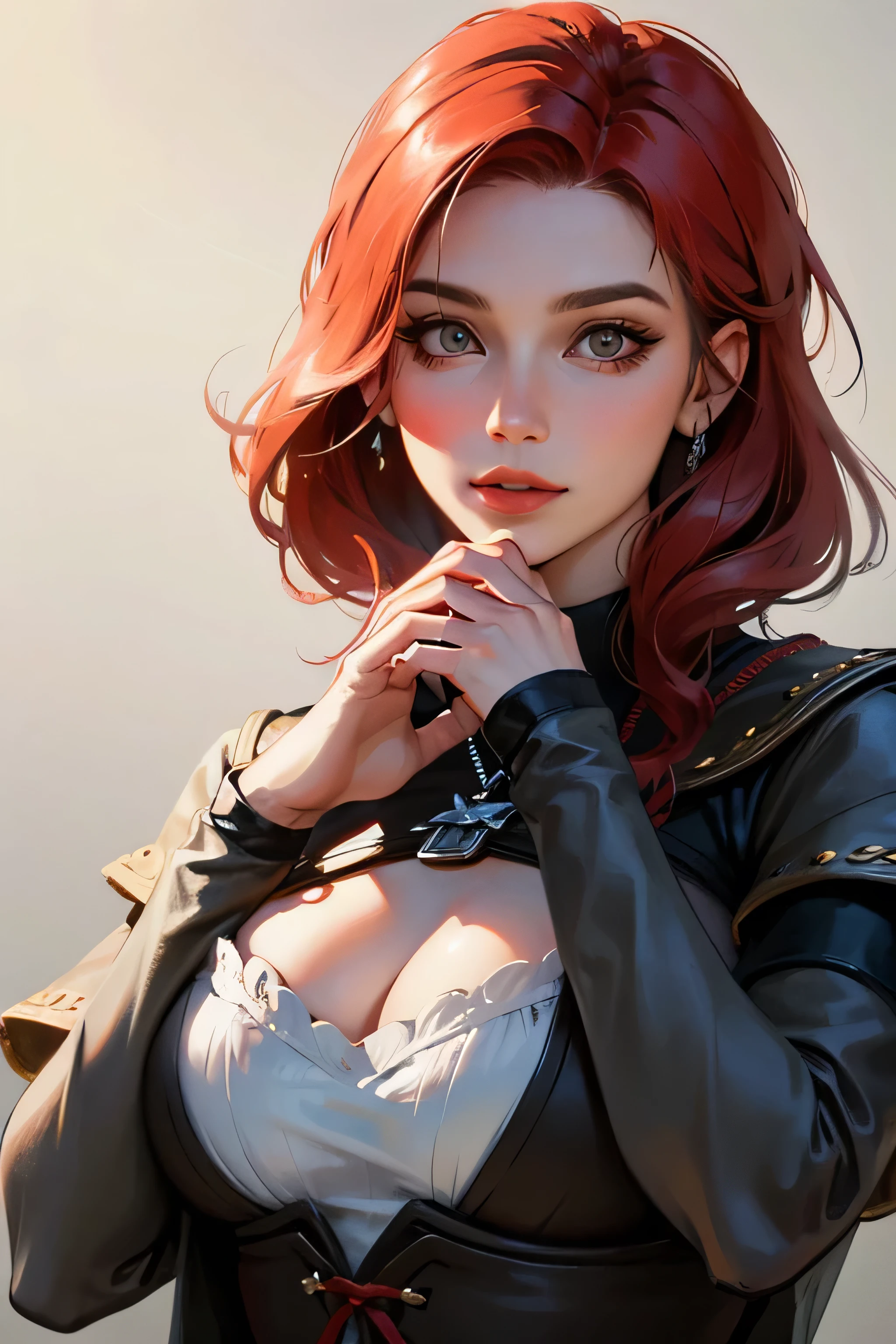 Triss Merigold de the witcher, whole body, simple background, hand on chin, looking to the horizon, realistic style, high resolution, full HD. image size, full HD
