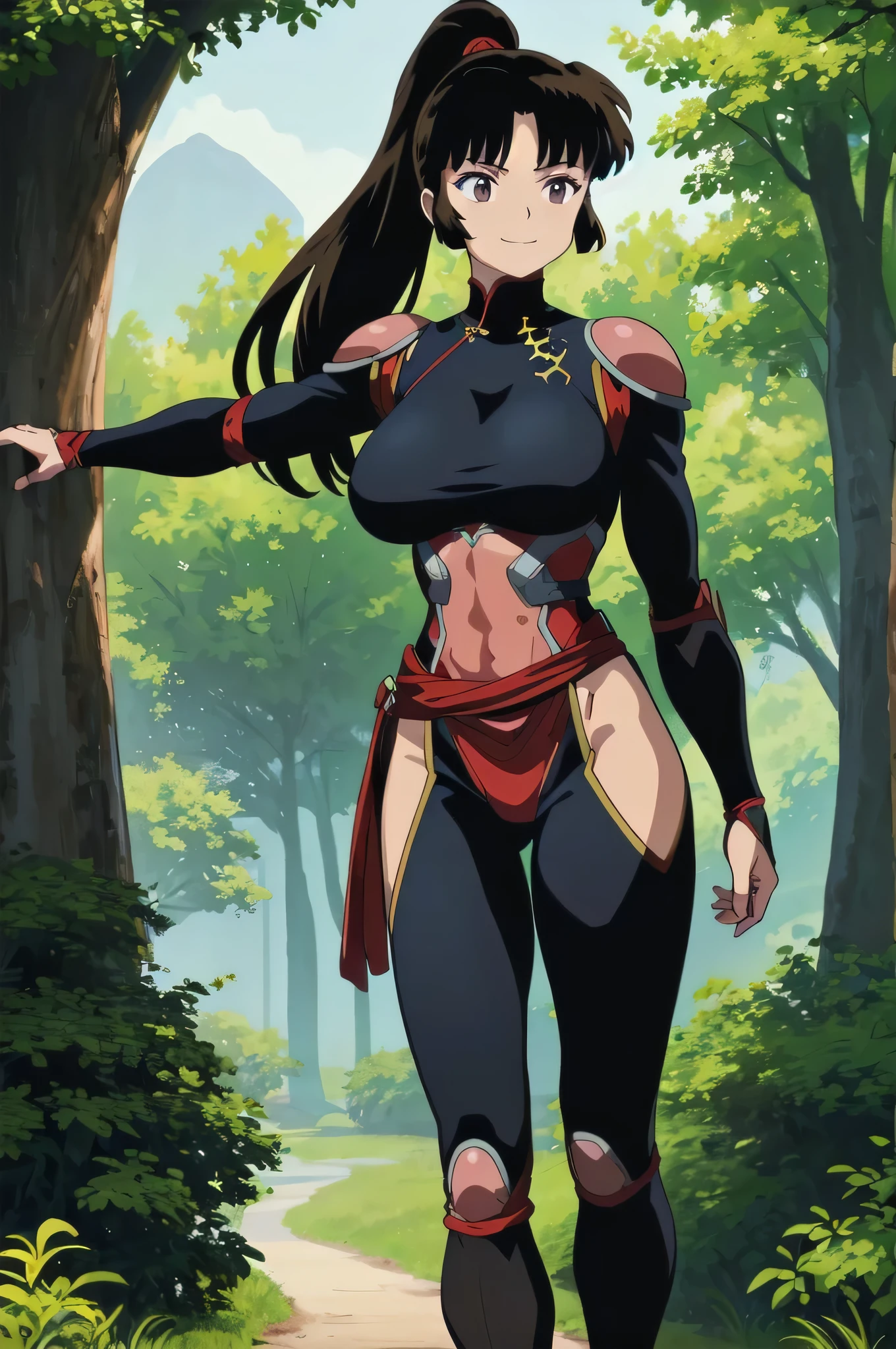 Highest quality、masterpiece、Portraiture、Blood、Brown Hair、Brown eyes、High Ponytail、Long Hair、Big Breasts、Strong muscles、Very large breasts、Huge muscles、Bodysuits、Scapula、armor、Muscular Woman、(View your viewers:1.3)、Outdoor、forest、smile、