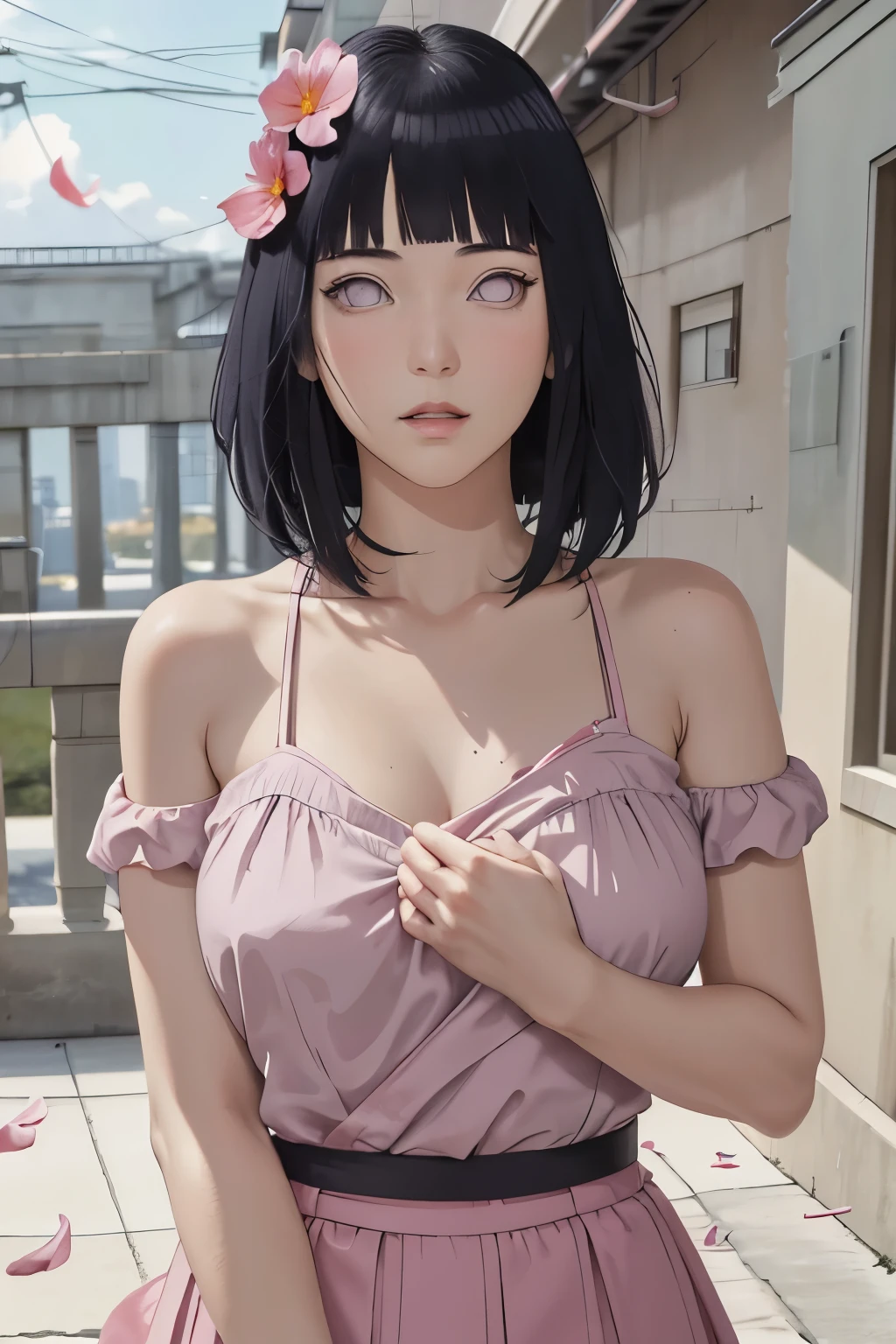 masterpiece, absurdres, hinata\(boruto\), 1girl, solo,mature female, spaghetti strap top, high waist mini skirt, looking at viewer, (falling petals), perfect composition, detailed lips, big breast, beautiful face, body propotion, blush, (pink lips), long hair,  purple eyes,  soft gaze,  super realistic, detailed, photoshoot, realistic face and body,