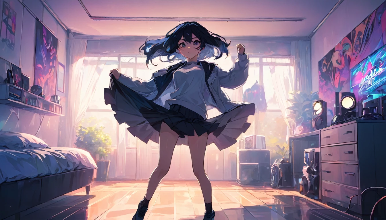 2d anime style, a beautiful woman in modern clothes dances in her room to the sound of electronic dance music