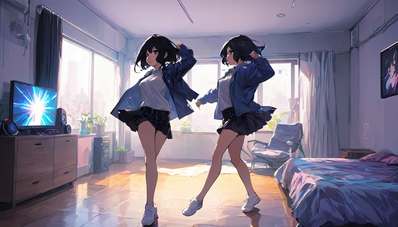 2d anime style, a beautiful woman in modern clothes dances in her room to the sound of electronic dance music