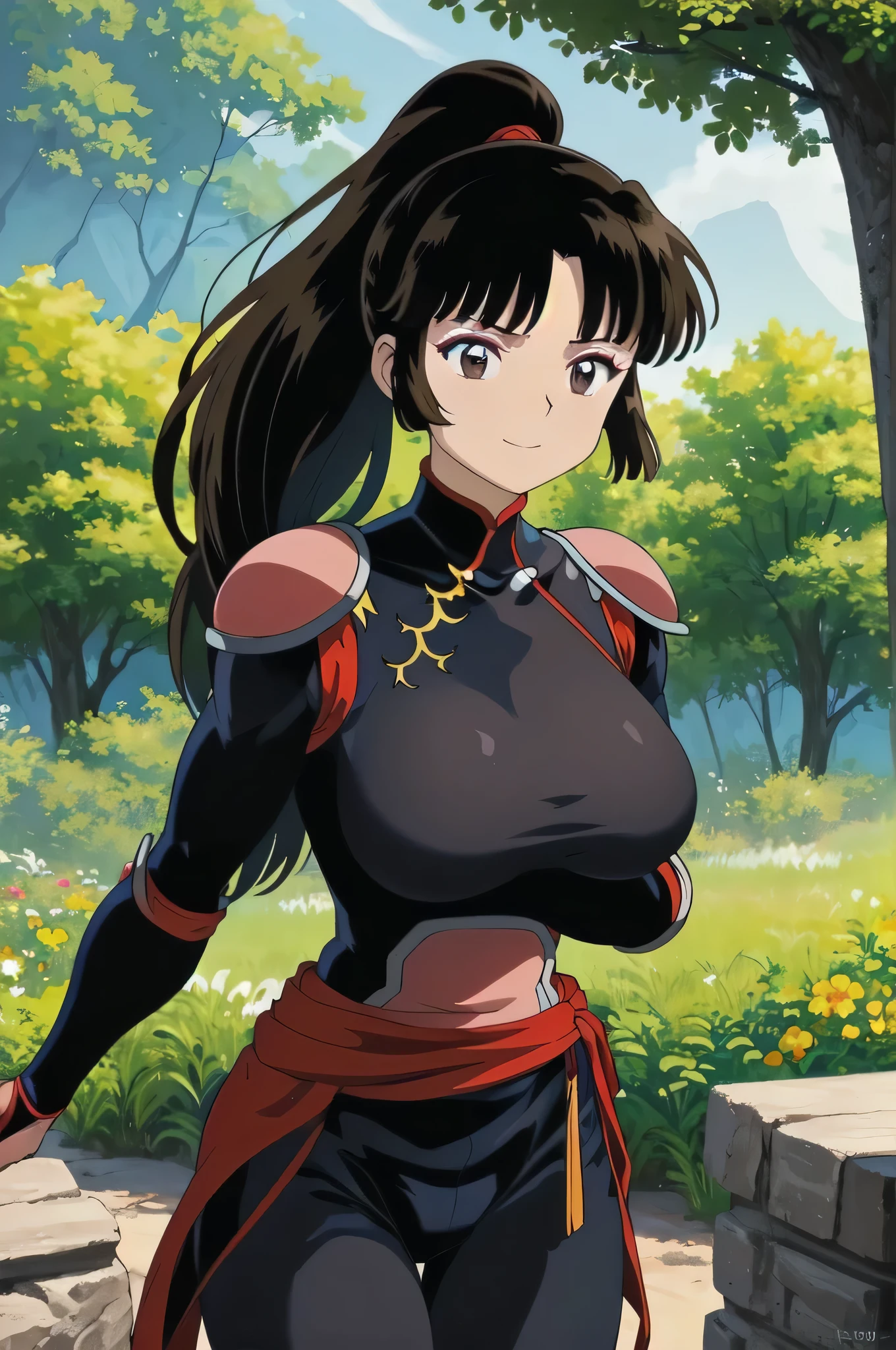 Highest quality、masterpiece、Portraiture、Blood、Brown Hair、Brown eyes、High Ponytail、Long Hair、Big Breasts、Strong muscles、Very large breasts、Huge muscles、Bodysuits、Scapula、armor、Muscular Woman、(View your viewers:1.3)、Outdoor、forest、smile、