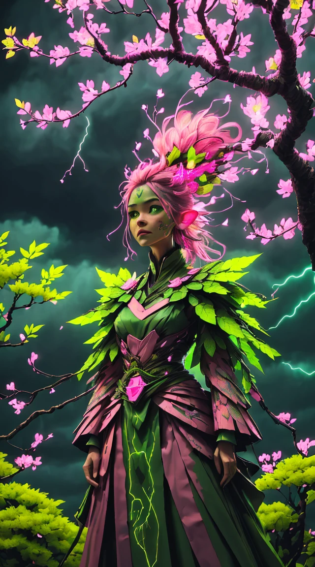 A woman in a green and pink outfit standing in front of a tree Plant Maiden,metal leaf,Wired branch,glowing light eyeechanical bark,bark covered with moss,tribe outfit,majestic figure,(ancient tribal markings),Control the tendrils extending from the arms,Neon lights dance on the body,(Lightning around branches and leaves),(peach blossom),The petals are soft and delicate,vibrant with colors,(A harmonious blend of green and pink),(Ominous dark clouds in the sky),Night atmosphere,A futuristic,Vibrant colors and high-contrast lighting,Dramatic shadows and highlights.(Best quality at best, 4K, 8K, tmasterpiece: 1.2), (actual, photograph realistic, photograph realistic: 1.37)