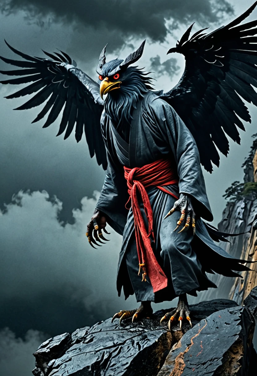 prompt": "A terrifying and eerie image of a Japanese yokai, Karasu Tengu. The Karasu Tengu has a dark, ominous aura, with black feathers covering its body and large, menacing wings. Its face is a combination of a crow and a demon, with a sharp beak and glowing red eyes that pierce through the darkness. It wears traditional monk's robes, adding a sinister contrast to its demonic appearance. The Karasu Tengu stands on a rugged mountain cliff under a stormy night sky, surrounded by swirling mists and flashes of lightning. Its posture is aggressive, ready to attack, with its talons gripping the edge of the cliff. The scene should evoke a sense of dread and unease.